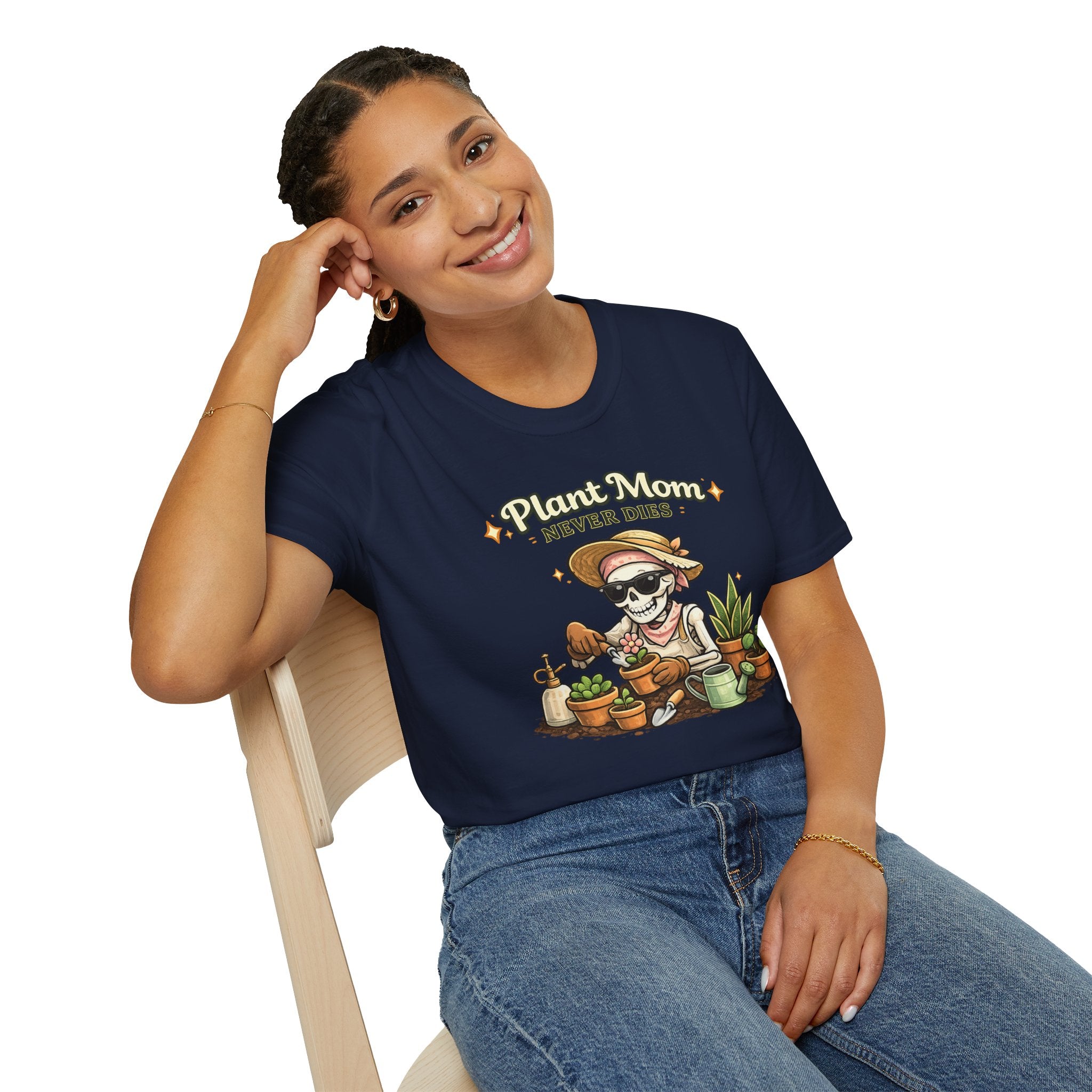 Plant Mom Never Dies T-Shirt — Funny Skeleton Gardener Tee for Plant Lovers