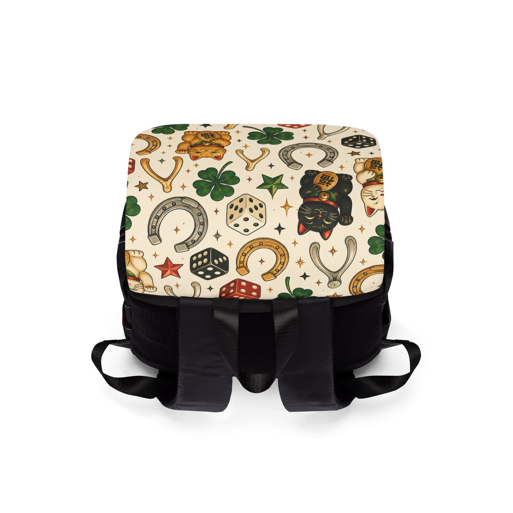 Lucky Charm Pattern Shoulder Backpack — Japanese Maneki Neko Travel Daypack