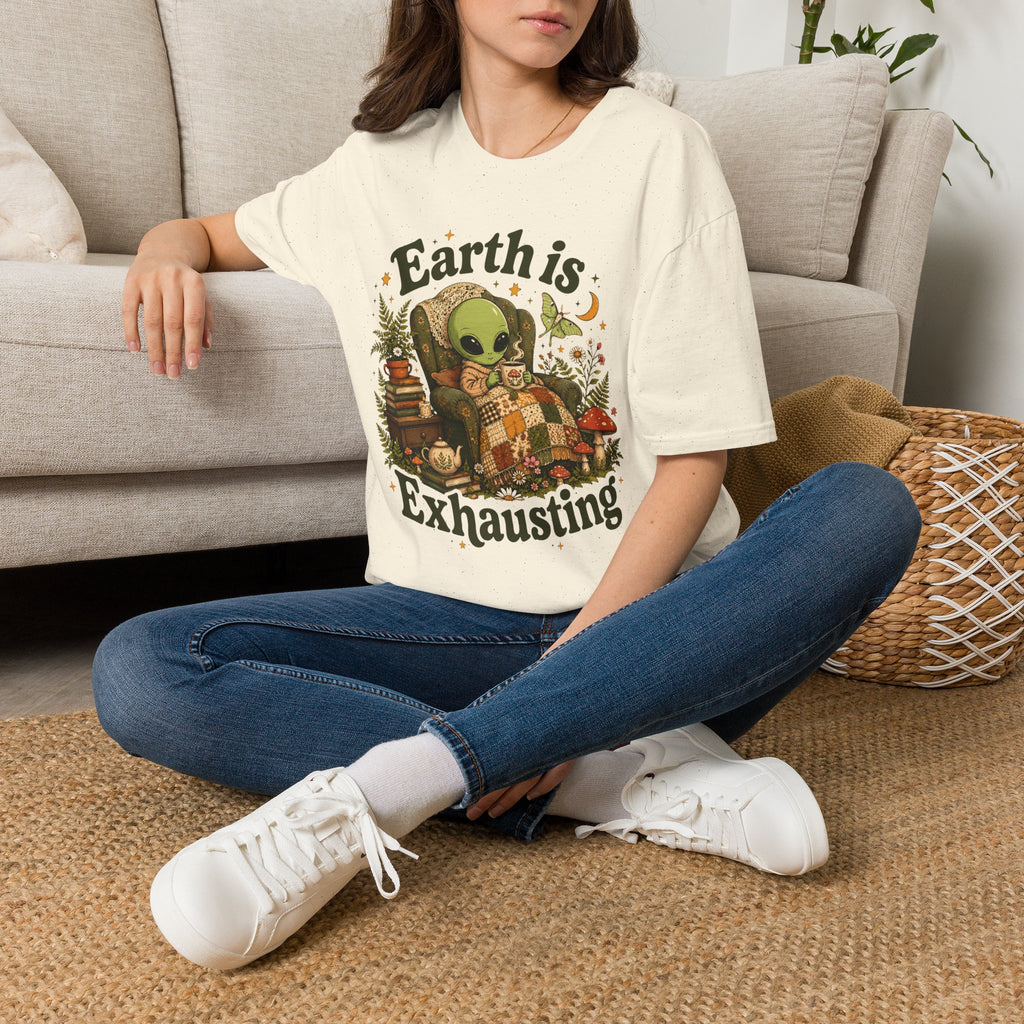 Earth Is Exhausting Alien T-Shirt — Cute Retro Cozy Space Graphic Tee