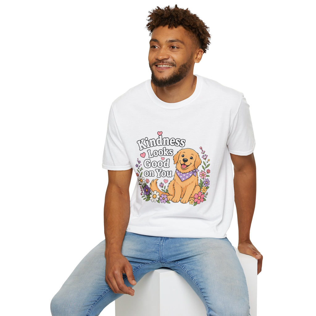 Kindness Looks Good on You T-Shirt — Cute Golden Retriever Floral Tee