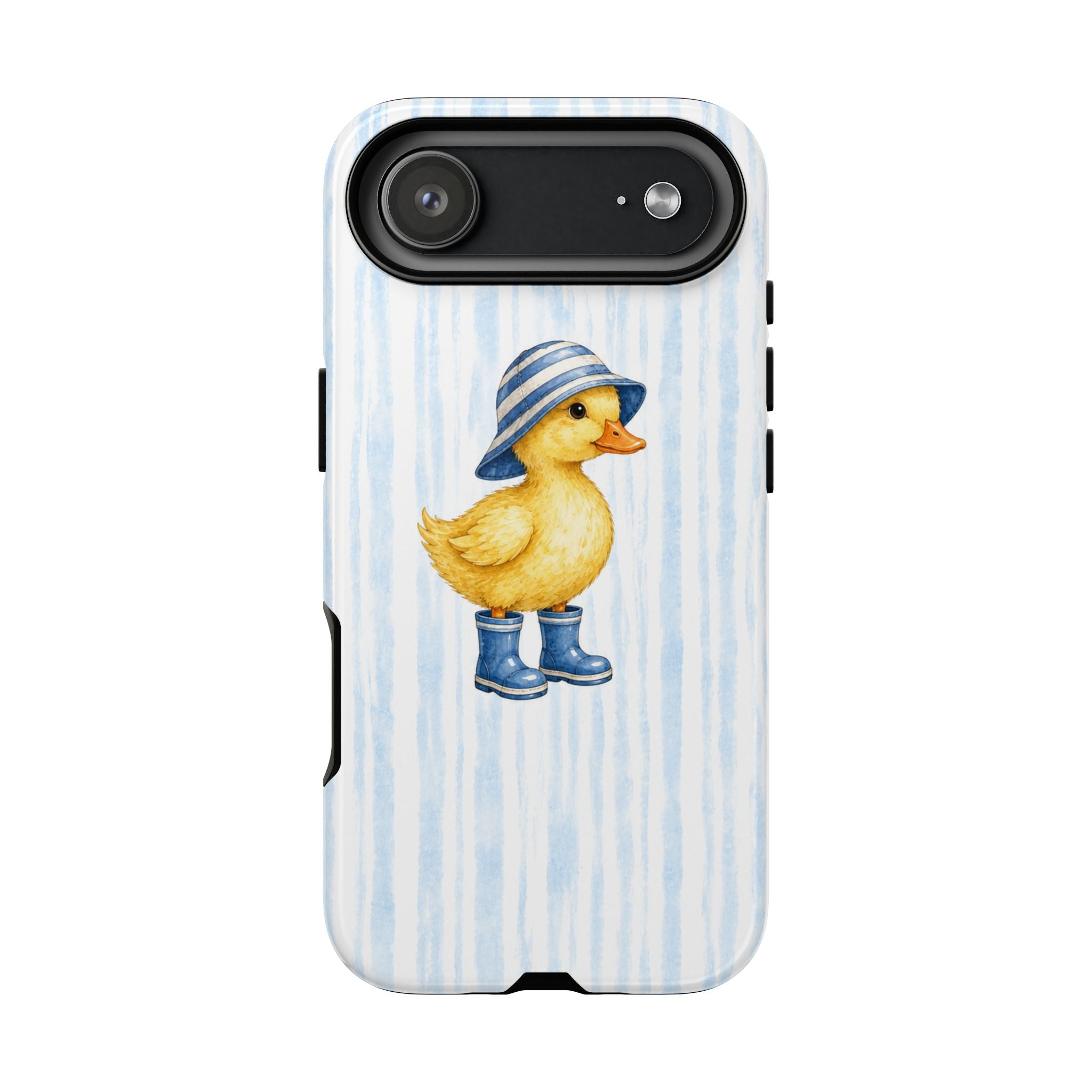 Cute Duckling Phone Case – Baby Blue Stripes with Duck in Hat & Boots