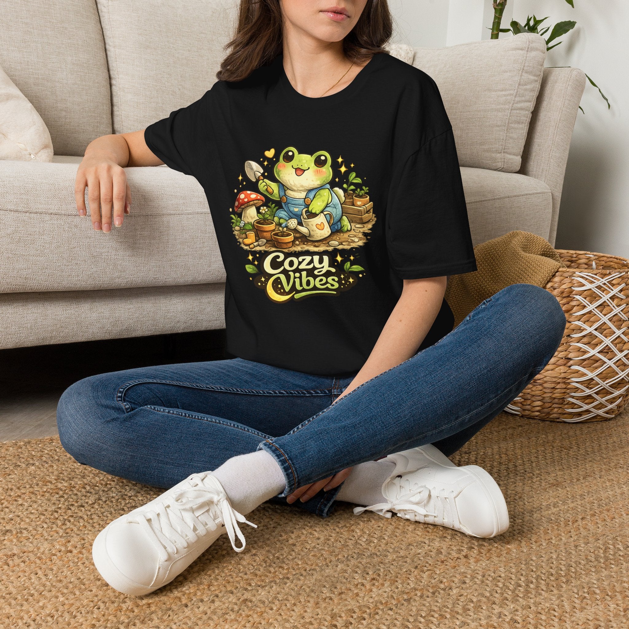 Cozy Garden Frog T-Shirt — Cute "Cozy Vibes" Gardening Tee