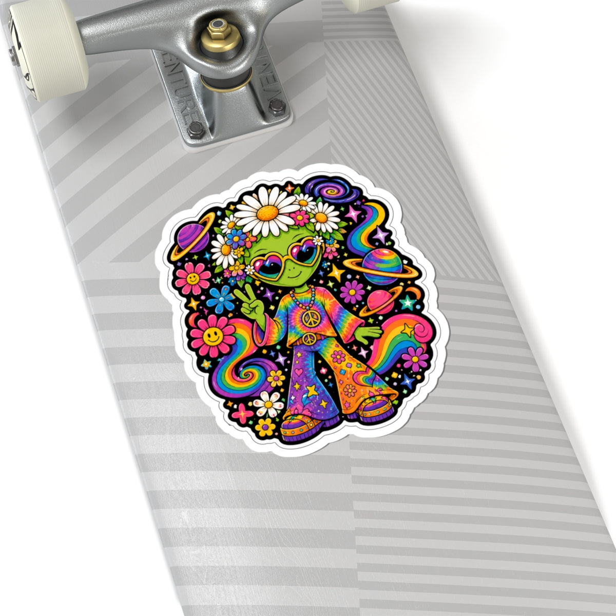 70's Hippie Alien Kiss-Cut Sticker — Retro Rainbow Peace Vibes