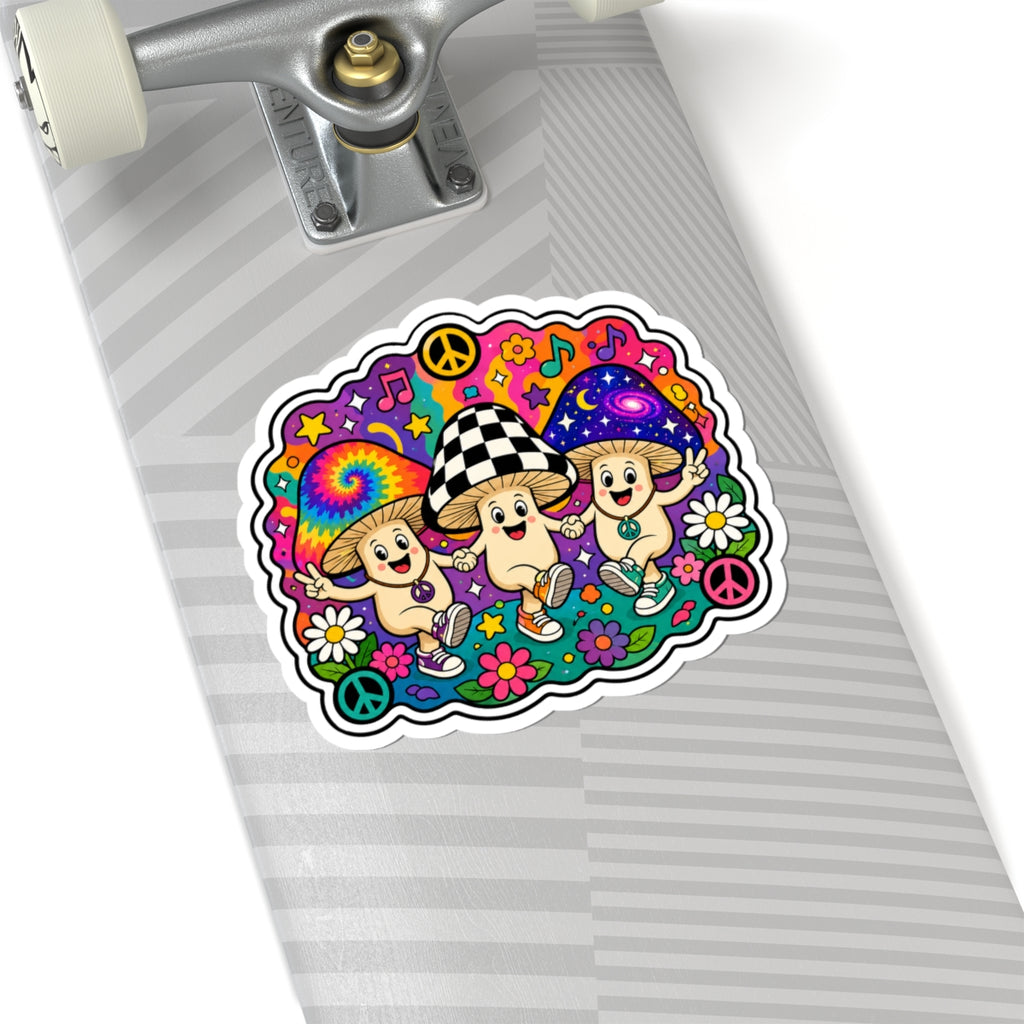 Psychedelic Mushroom Trio Kiss-Cut Sticker — Cute Hippie Peace & Flowers