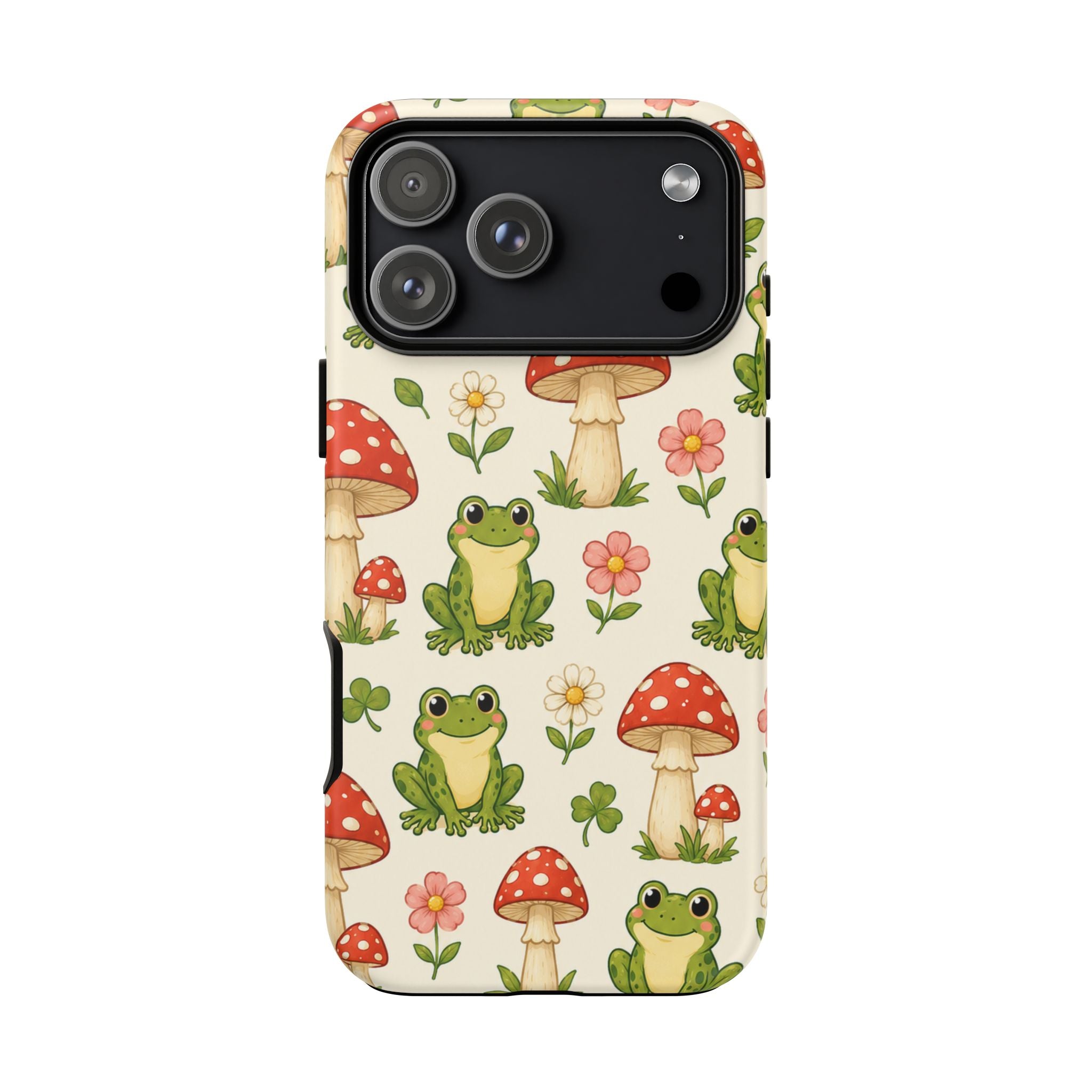 Kawaii Frog & Red Capped Mushroom Phone Case – Cute Nature Pattern Protective Cover
