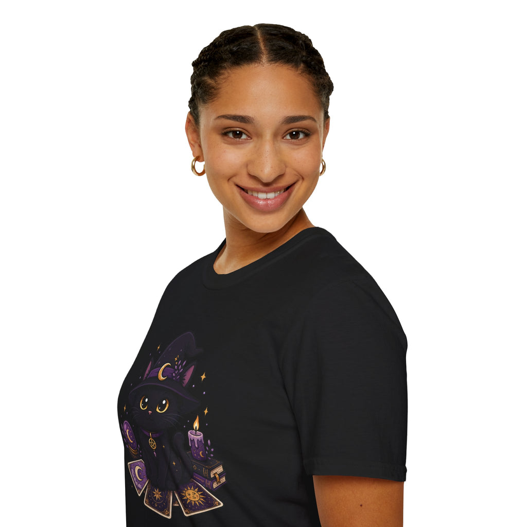 Tarot Cat T-Shirt — Cute Black Cat with Witch Hat & Tarot Candles