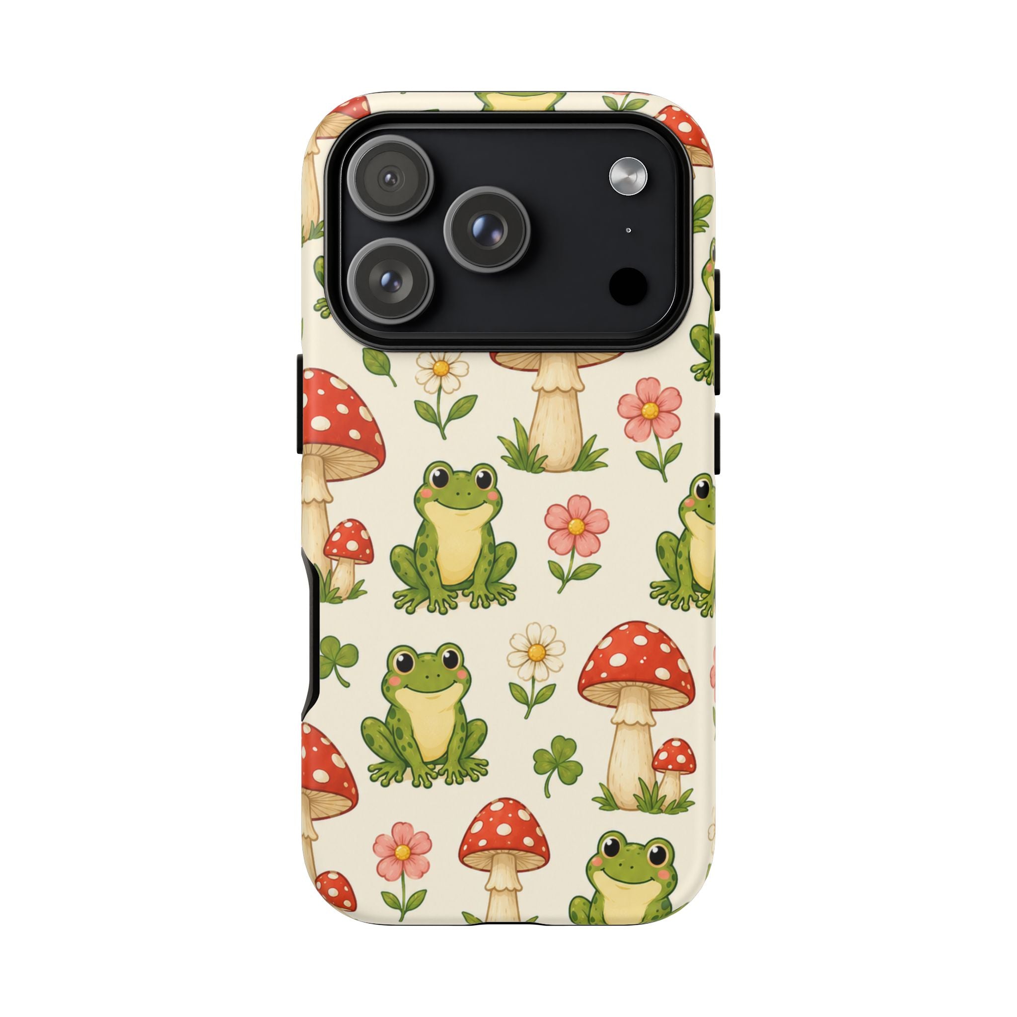 Kawaii Frog & Red Capped Mushroom Phone Case – Cute Nature Pattern Protective Cover