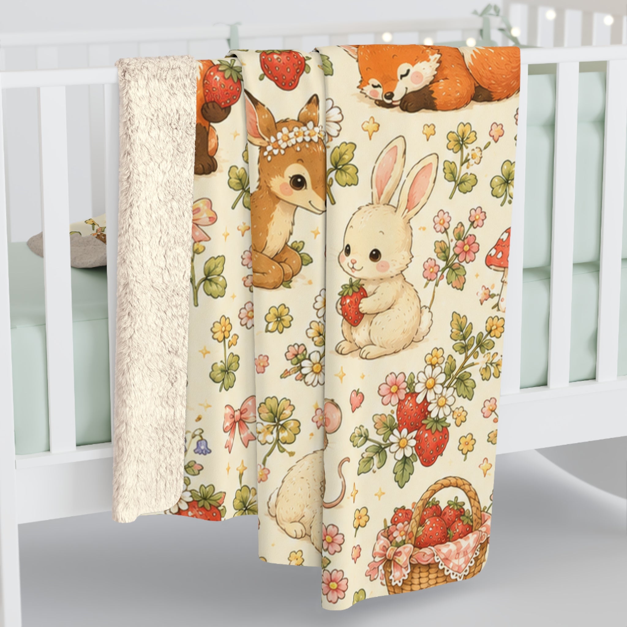 Strawberry Picnic Woodland Friends Sherpa Blanket