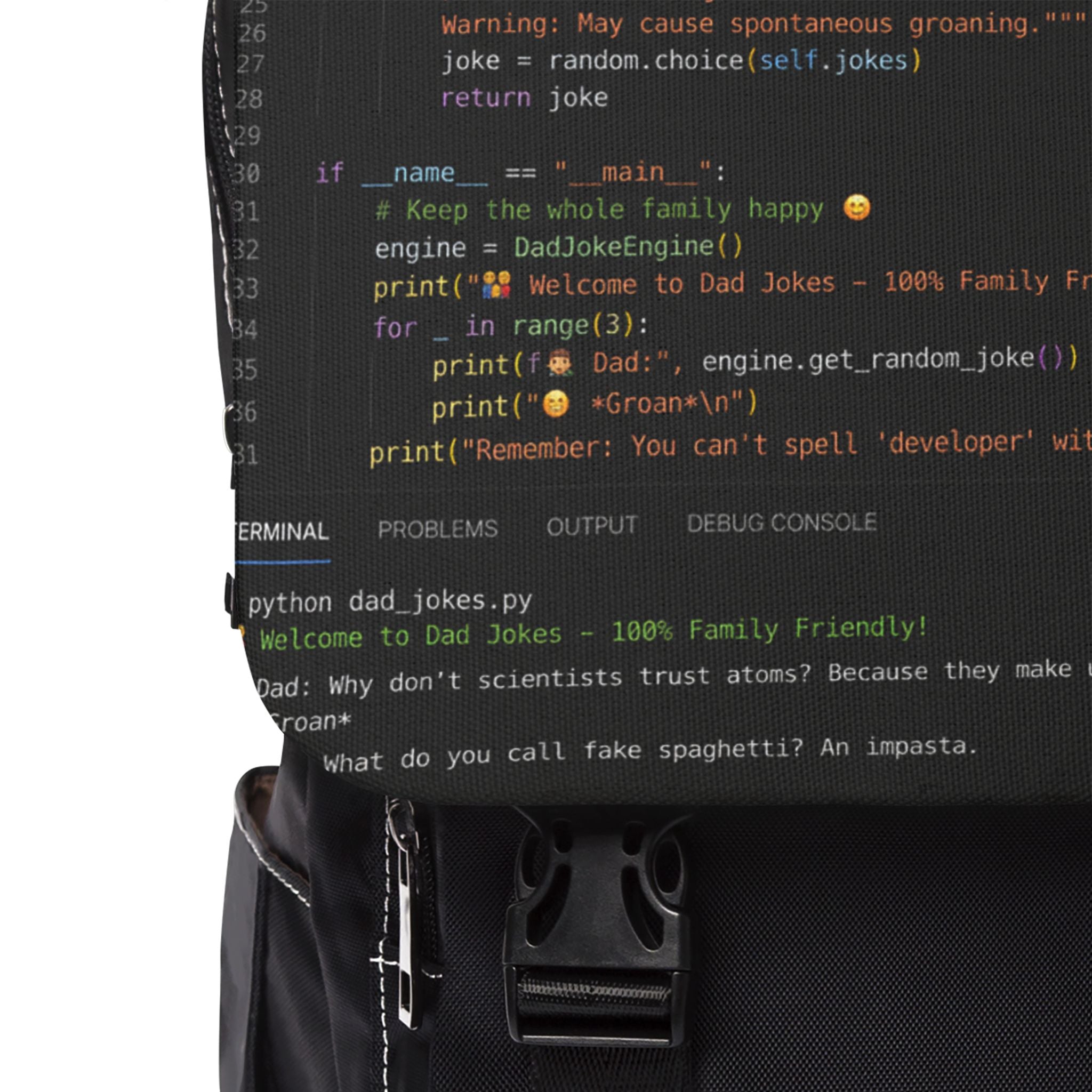Coder Dad Shoulder Backpack — Black Programming Code Print