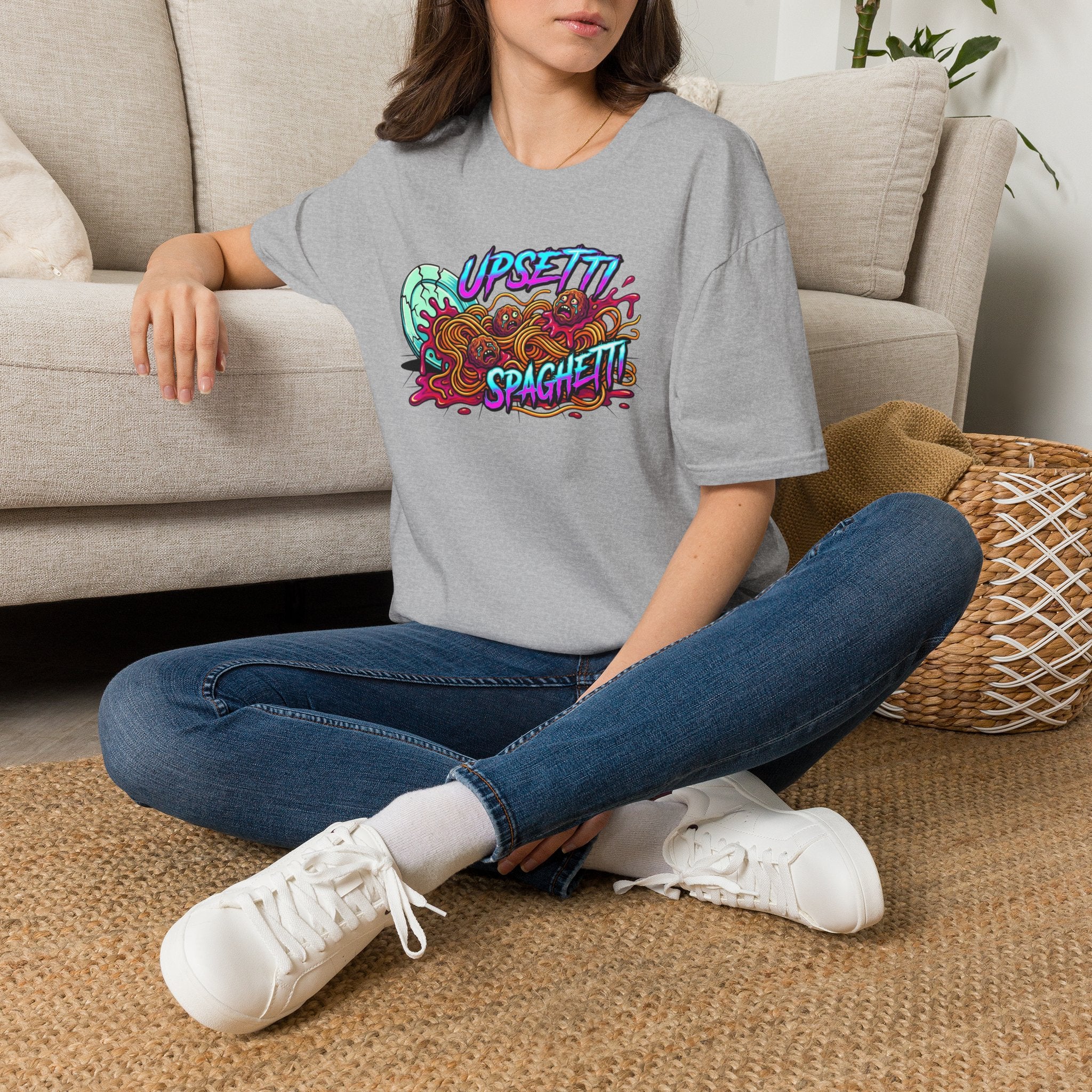 Upsetti Spaghetti T-Shirt — Funny Cartoon Spilled Pasta Graphic Tee