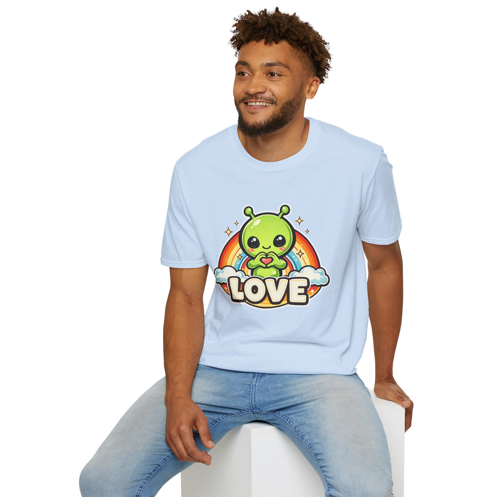Alien Heart Tee — Green Alien with Rainbow & "LOVE" Graphic