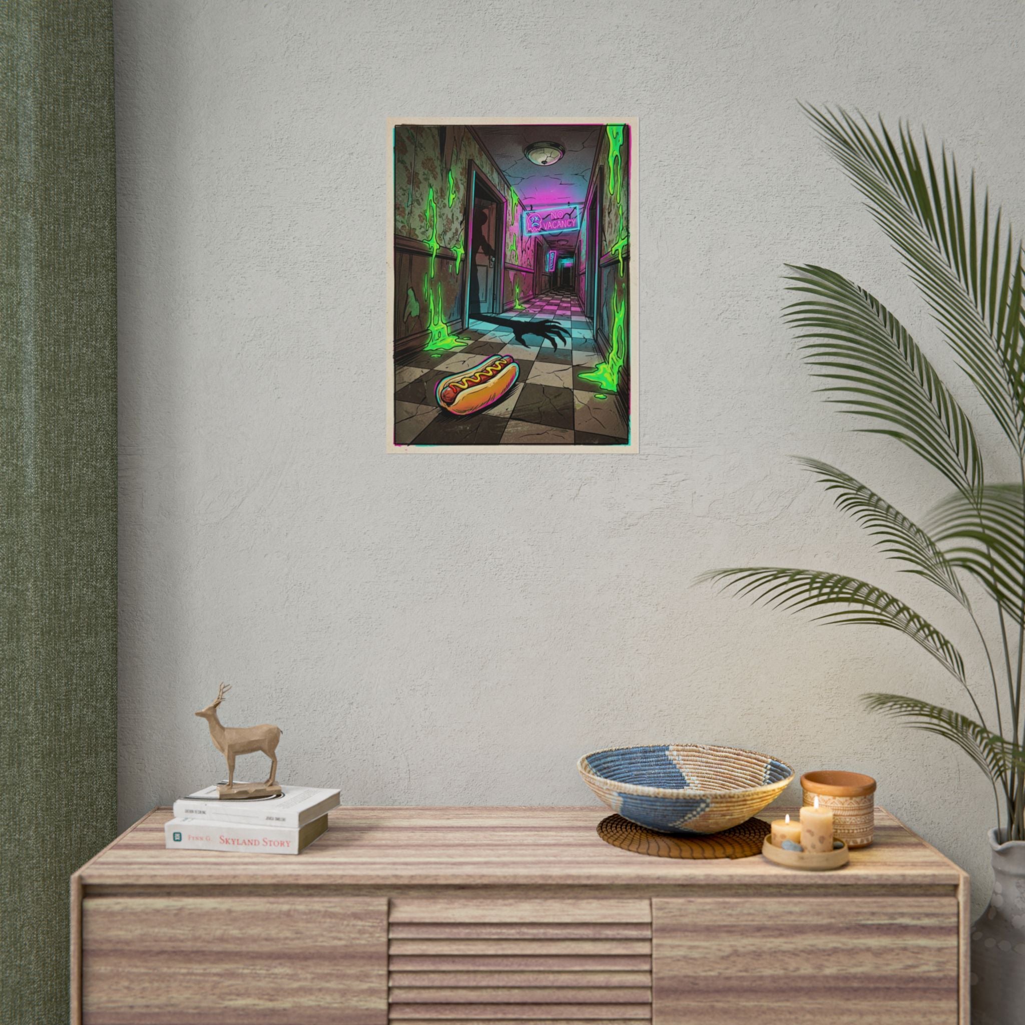 Neon Pop Art Horror Hotdog in a Hallway Poster — Hot Dog & Slime Retro Art Print