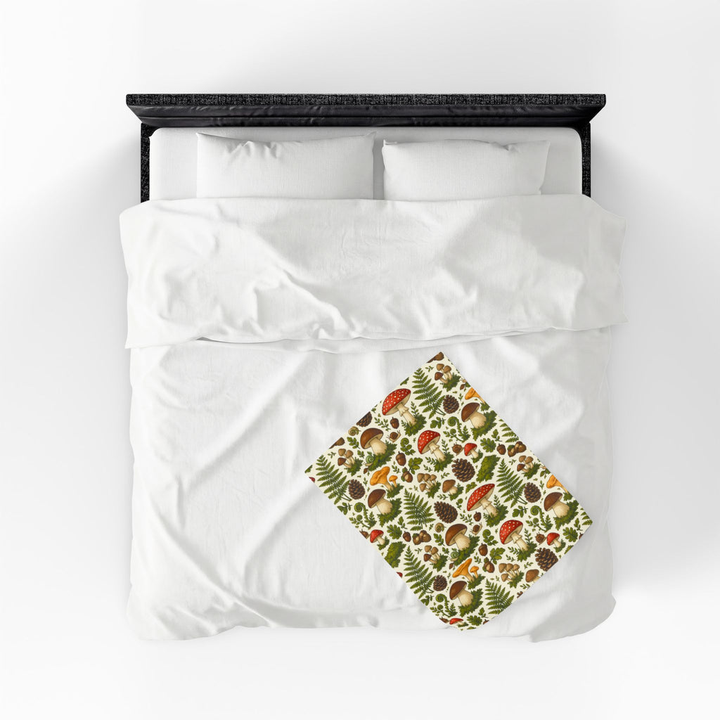 Mushroom Forest Velveteen Plush Blanket – Cozy Woodland Throw with Ferns & Pines