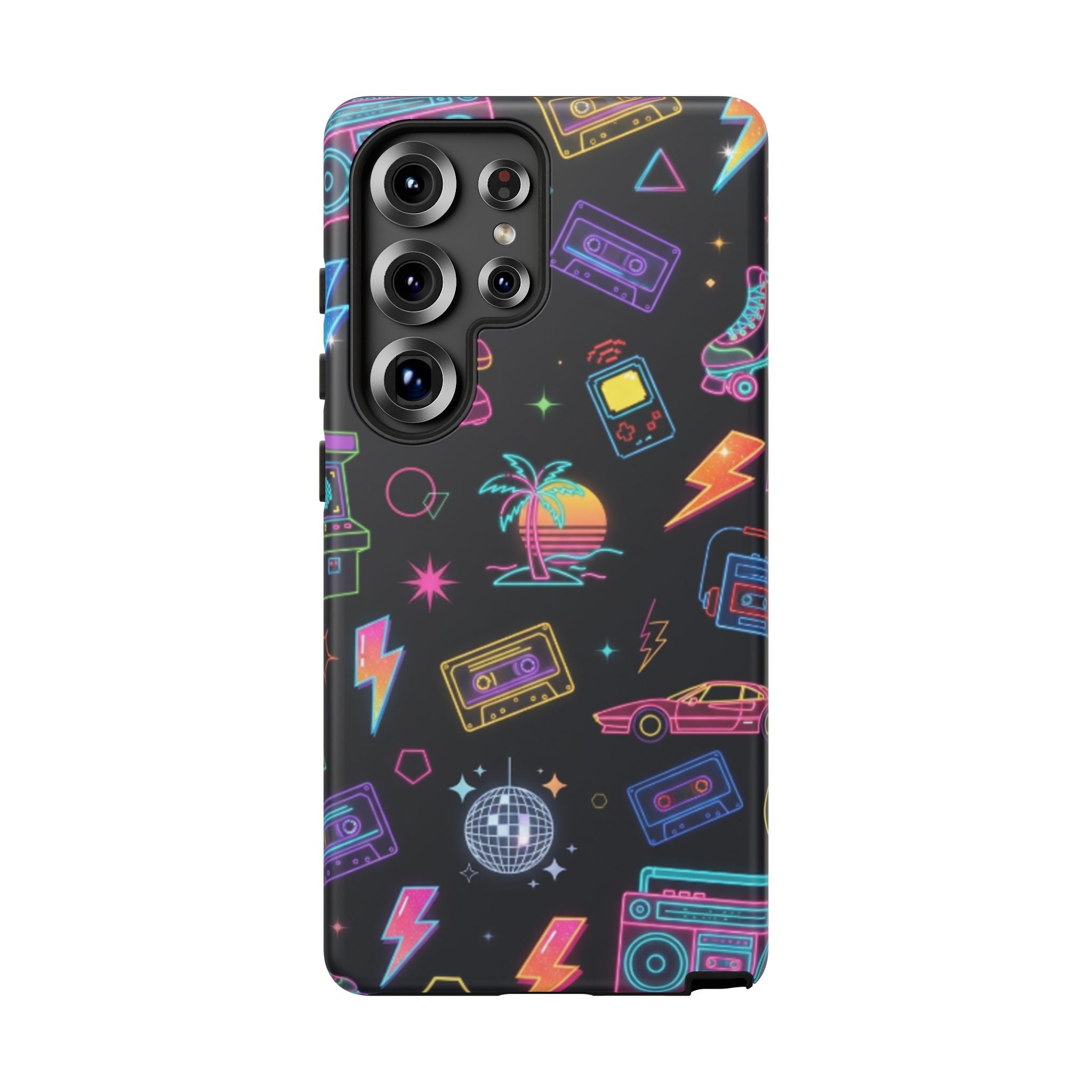Retro Neon 80s Phone Case — Cassette, Roller Skate & Palm Tree Pattern