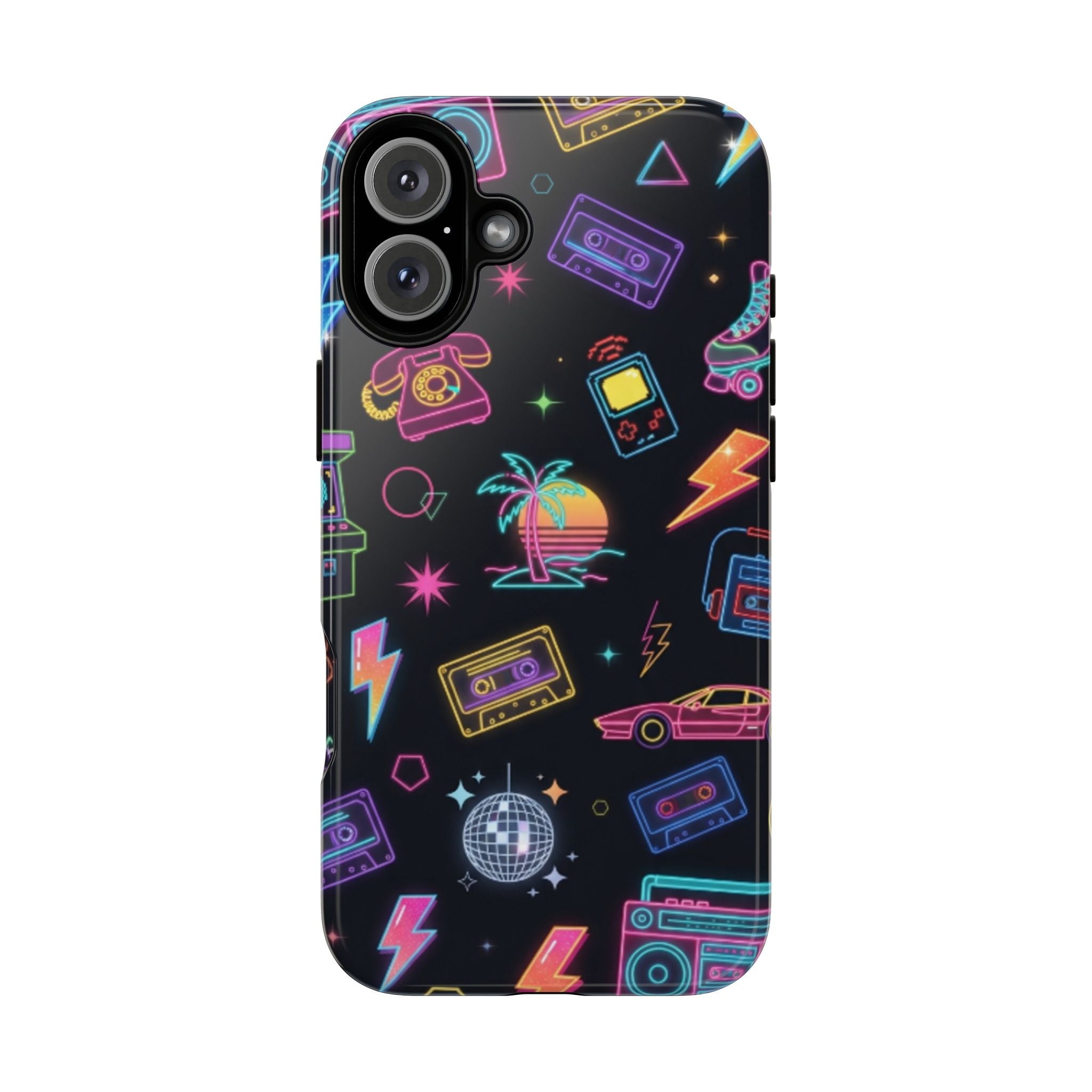 Retro Neon 80s Phone Case — Cassette, Roller Skate & Palm Tree Pattern