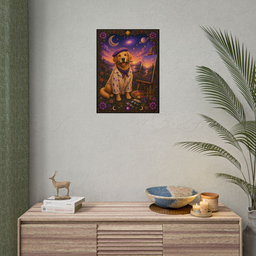 Artist Golden Retriever Poster — Cute Dog Painter Art Print for Home Decor
