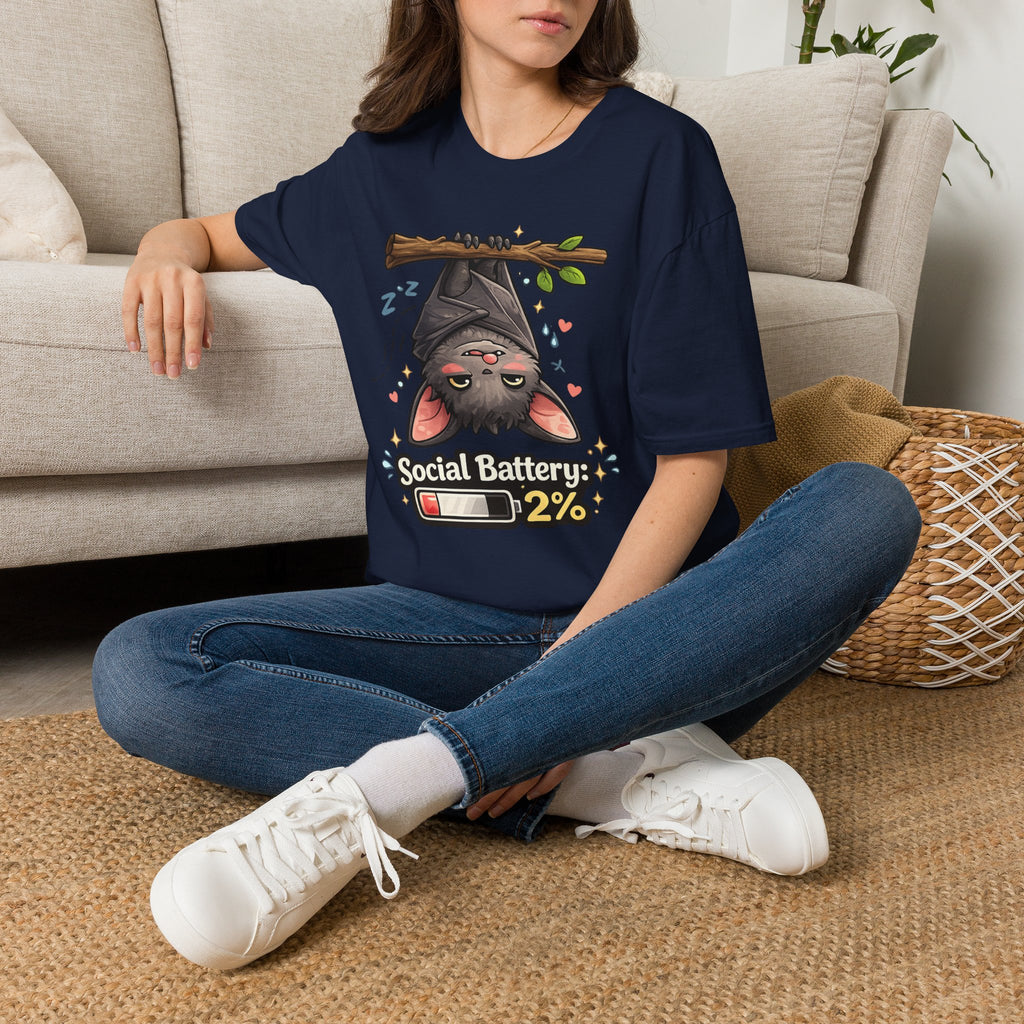 "Social Battery 2%" Cute Sleeping Bat Graphic Tee