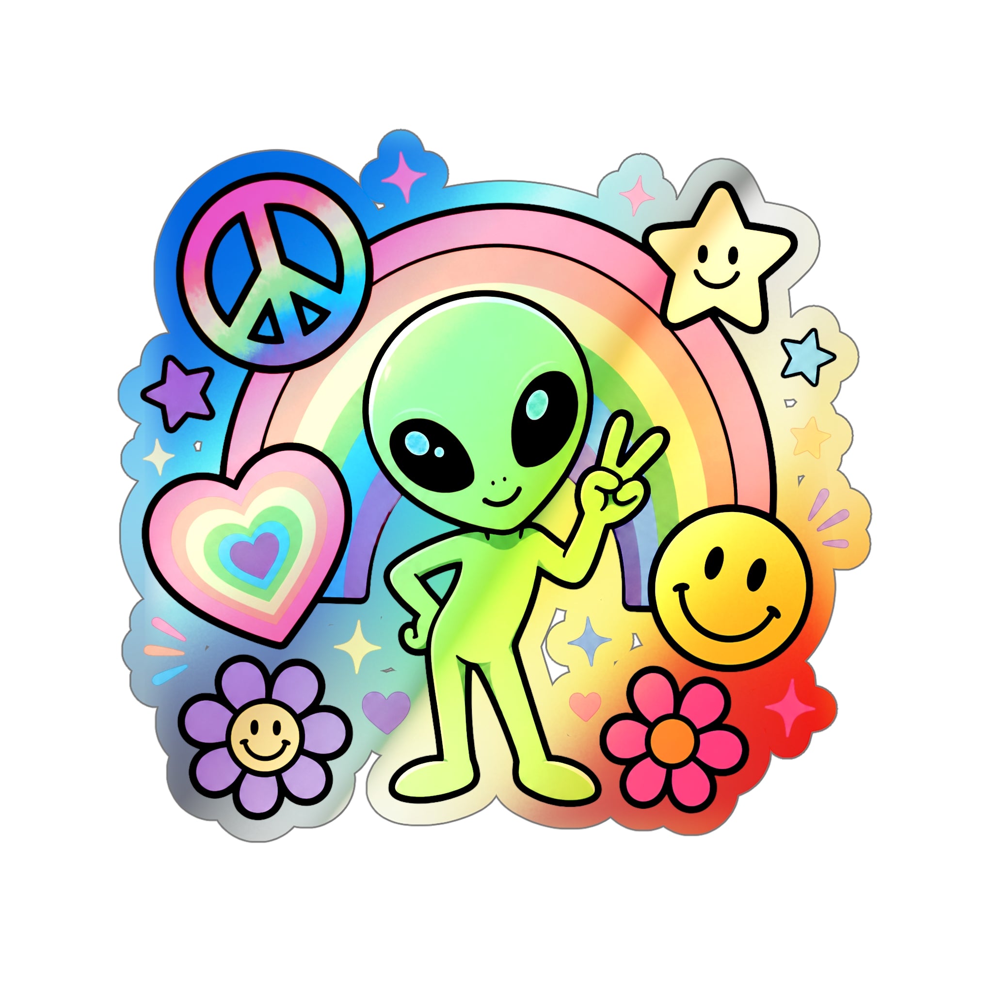 Holographic Alien Peace Sticker — Rainbow Psychedelic Die-Cut Sticker #03