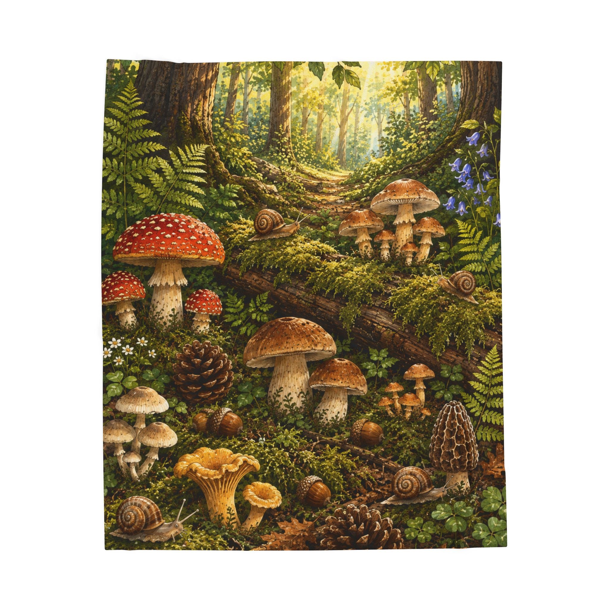 Forest Mushrooms Velveteen Plush Blanket — Cozy Forest Mushroom Scene Throw