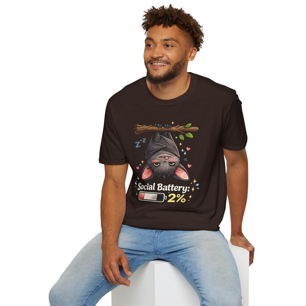 "Social Battery 2%" Cute Sleeping Bat Graphic Tee