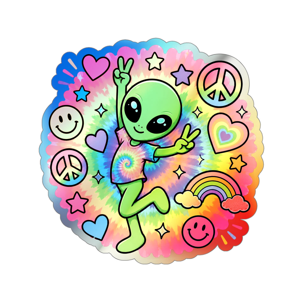 Holographic Alien Peace Sticker — Tie-Dye Vibe Die-Cut Sticker #06