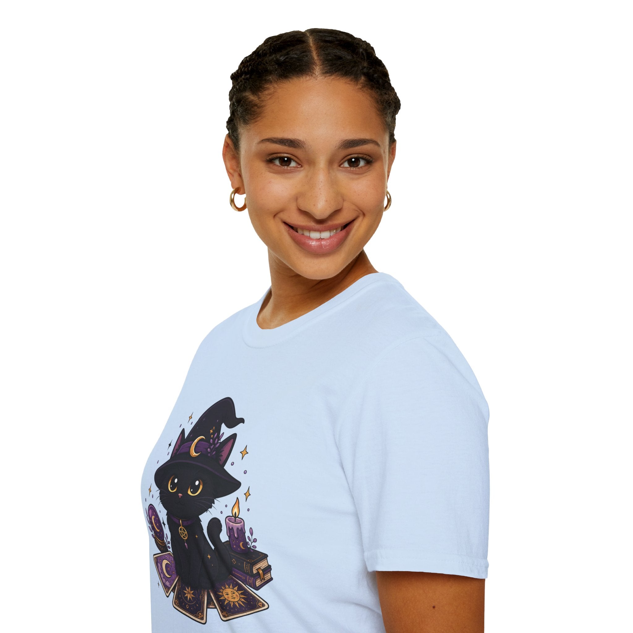Tarot Cat T-Shirt — Cute Black Cat with Witch Hat & Tarot Candles