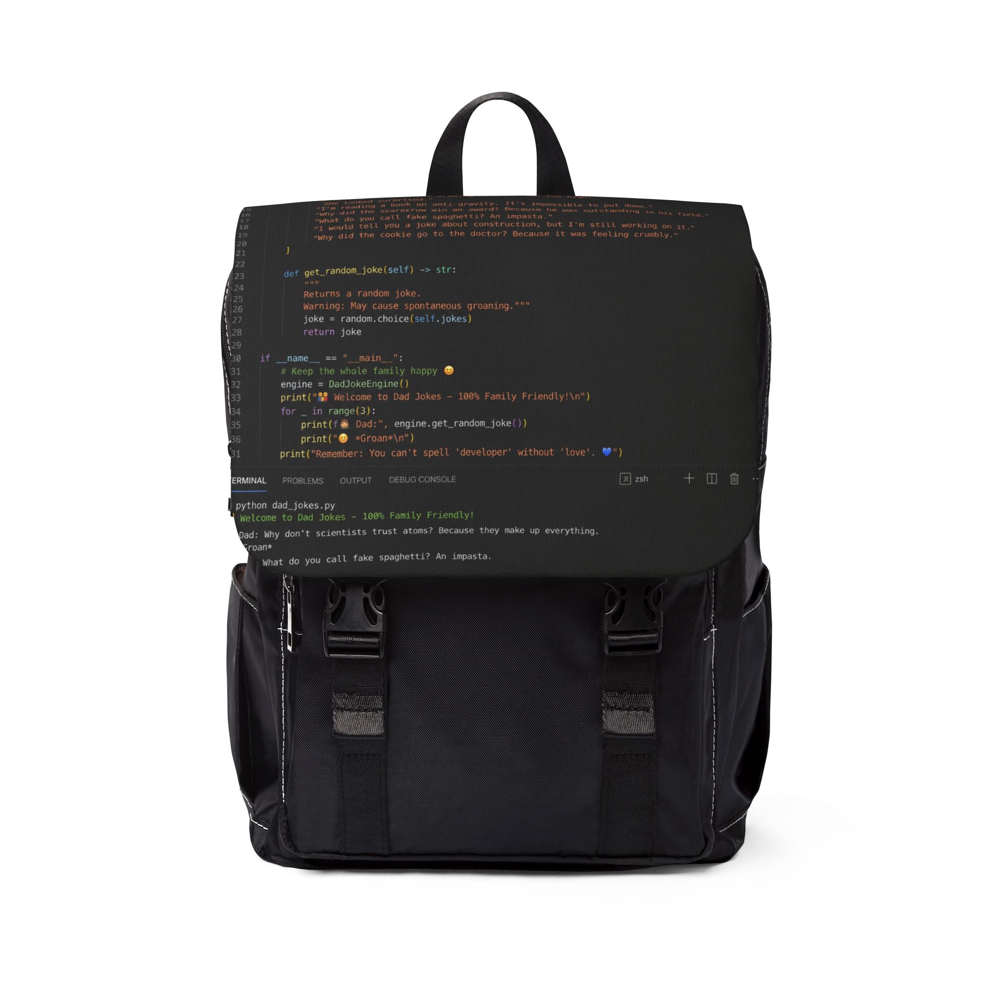 Coder Dad Shoulder Backpack — Black Programming Code Print