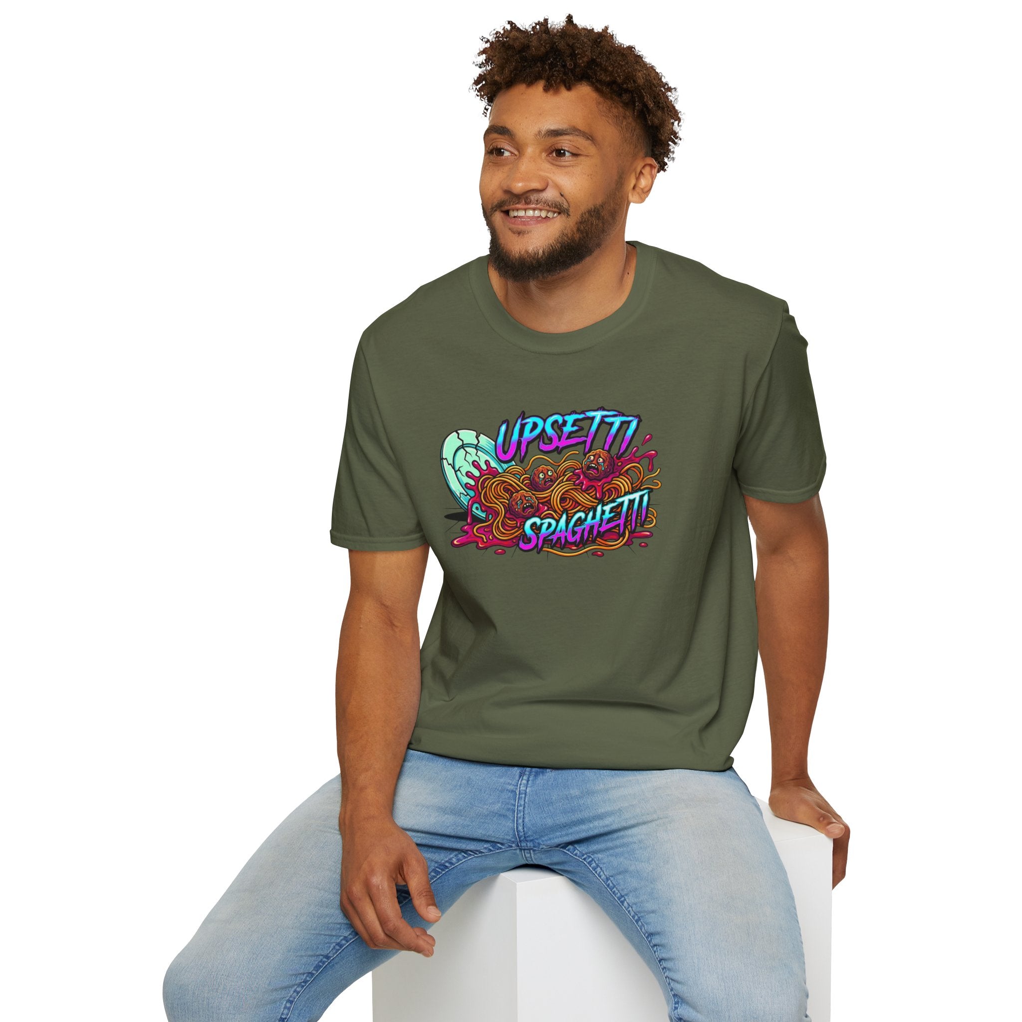 Upsetti Spaghetti T-Shirt — Funny Cartoon Spilled Pasta Graphic Tee
