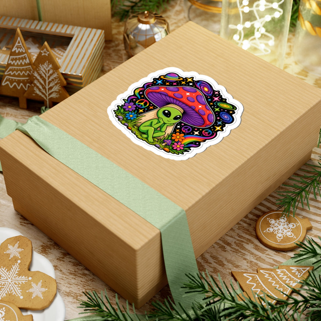 Psychedelic Alien Mushroom Sticker — Cute Retro Space & Peace Sign Kiss-Cut Decal
