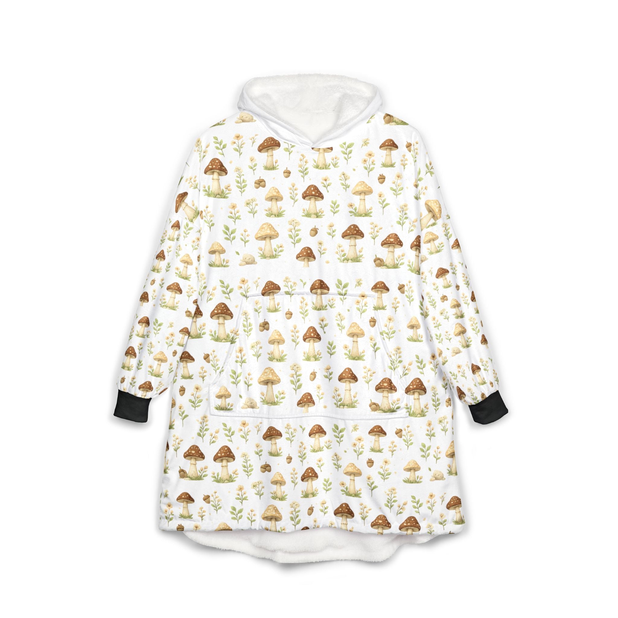 Cottage Core Oversized Unisex Hooded Blanket — Cozy Mushroom Pattern Sherpa Hooded Throw