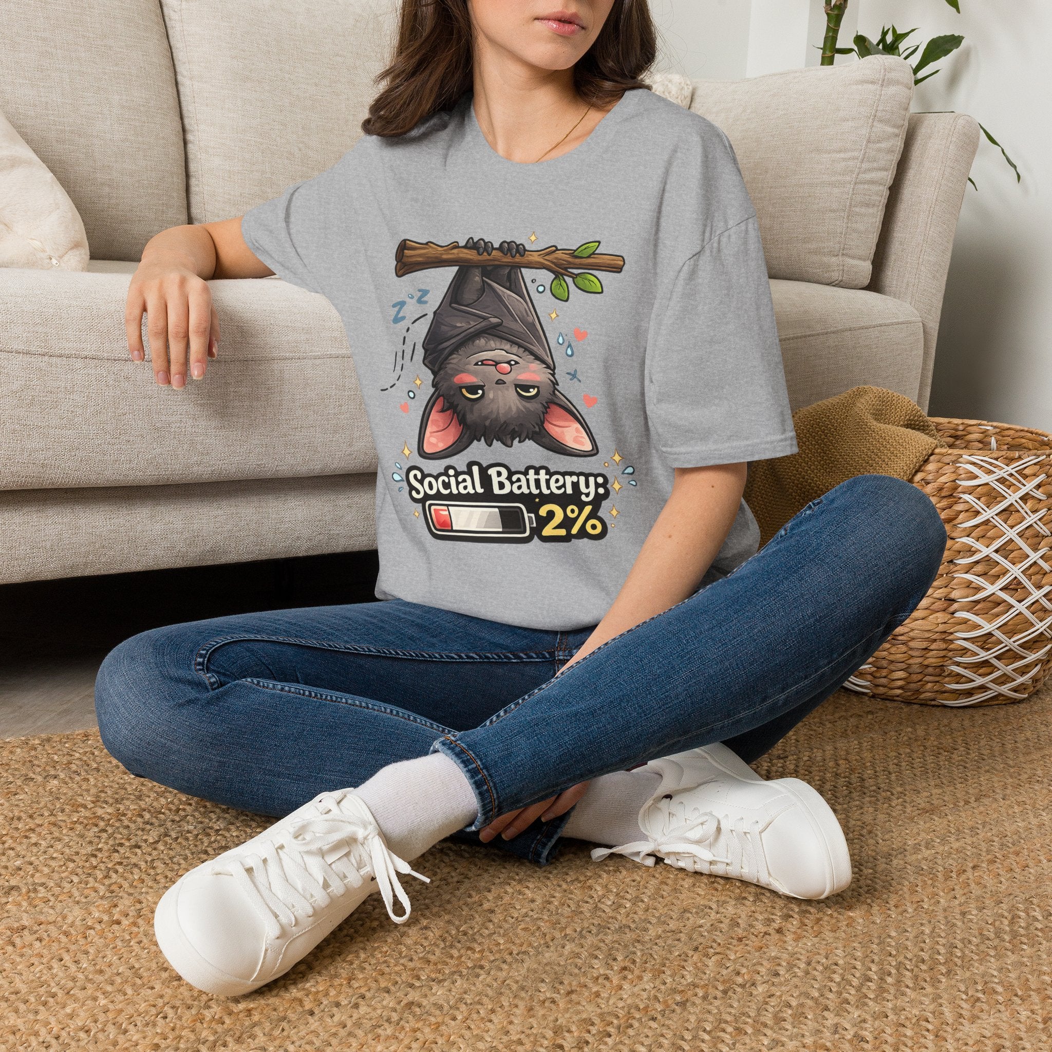 "Social Battery 2%" Cute Sleeping Bat Graphic Tee