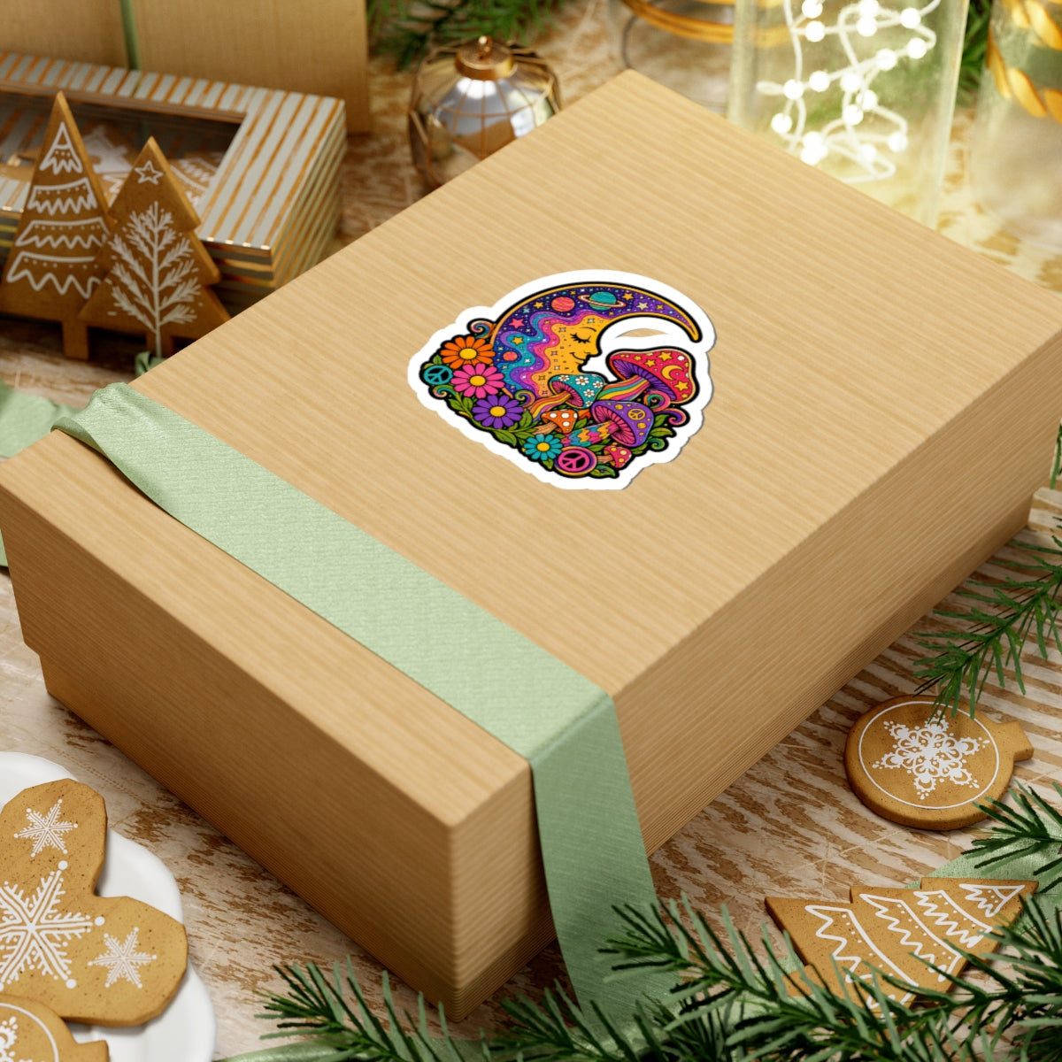 Psychedelic Moon & Mushroom Kiss-Cut Sticker — Retro Floral Peace Vibes