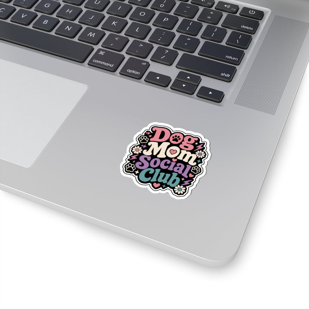 Dog Mom Social Club Sticker — Retro Floral Paw Print Kiss-Cut Sticker