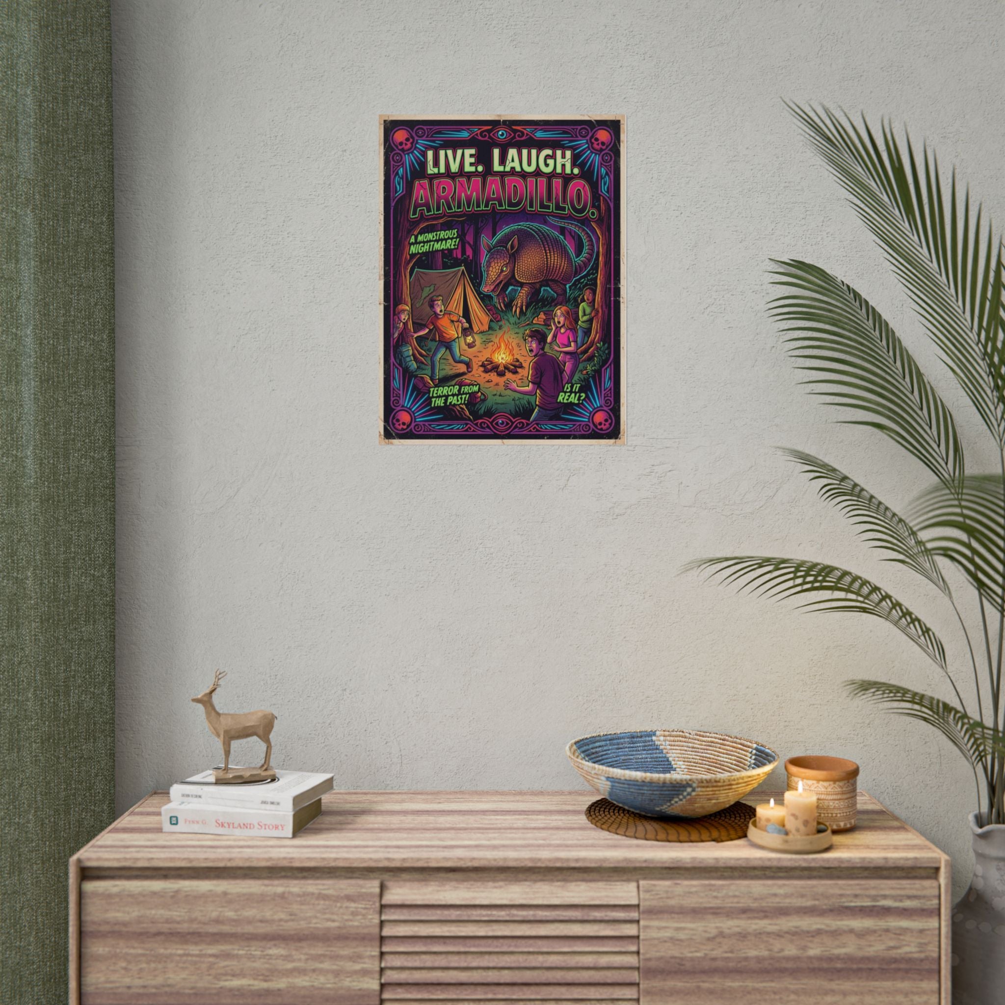 Live Laugh Armadillo Vintage Neon Pop Art Horror Poster — Rolled Wall Art