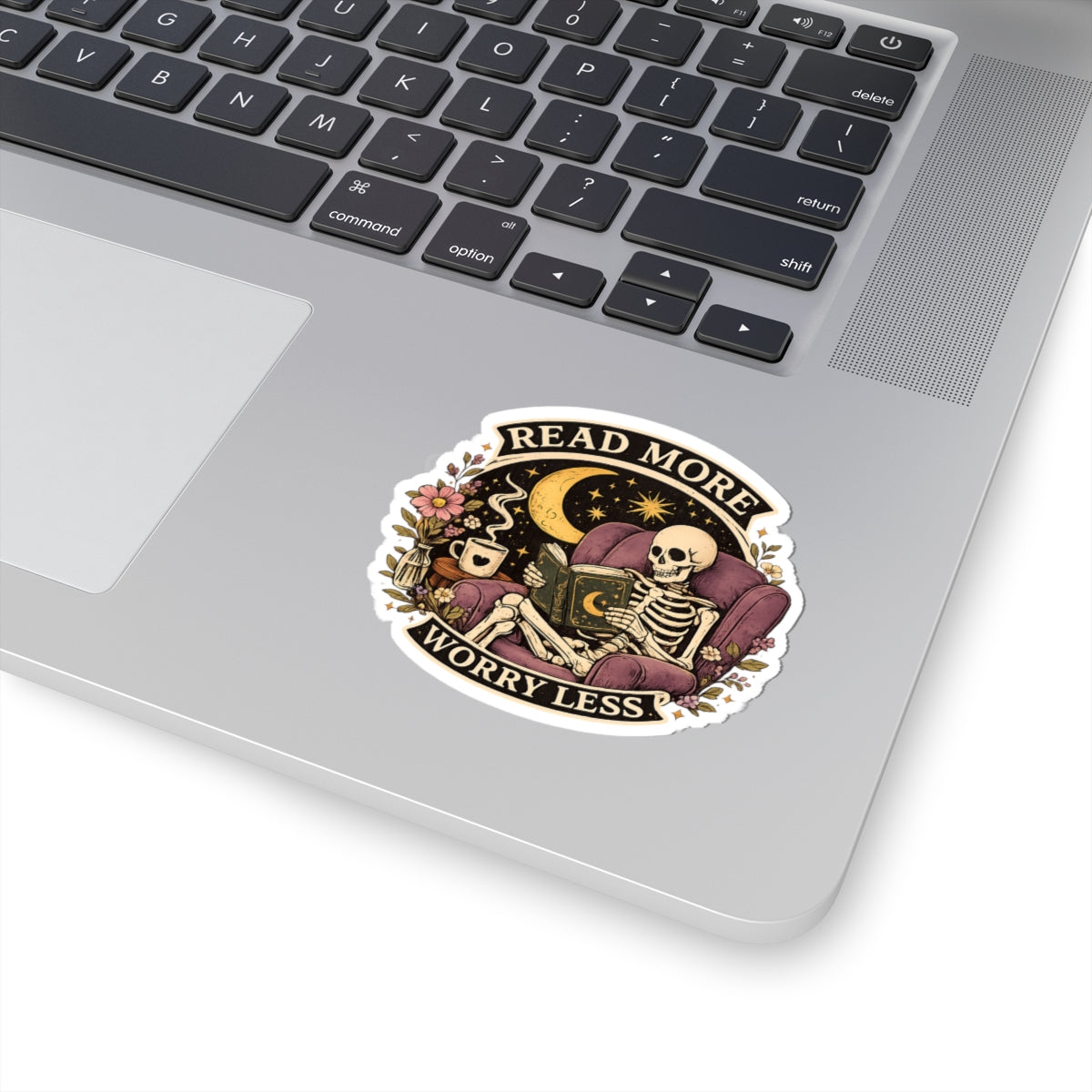 Read More Worry Less Sticker — Skeleton Reading by Moonlight Kiss-Cut Vinyl