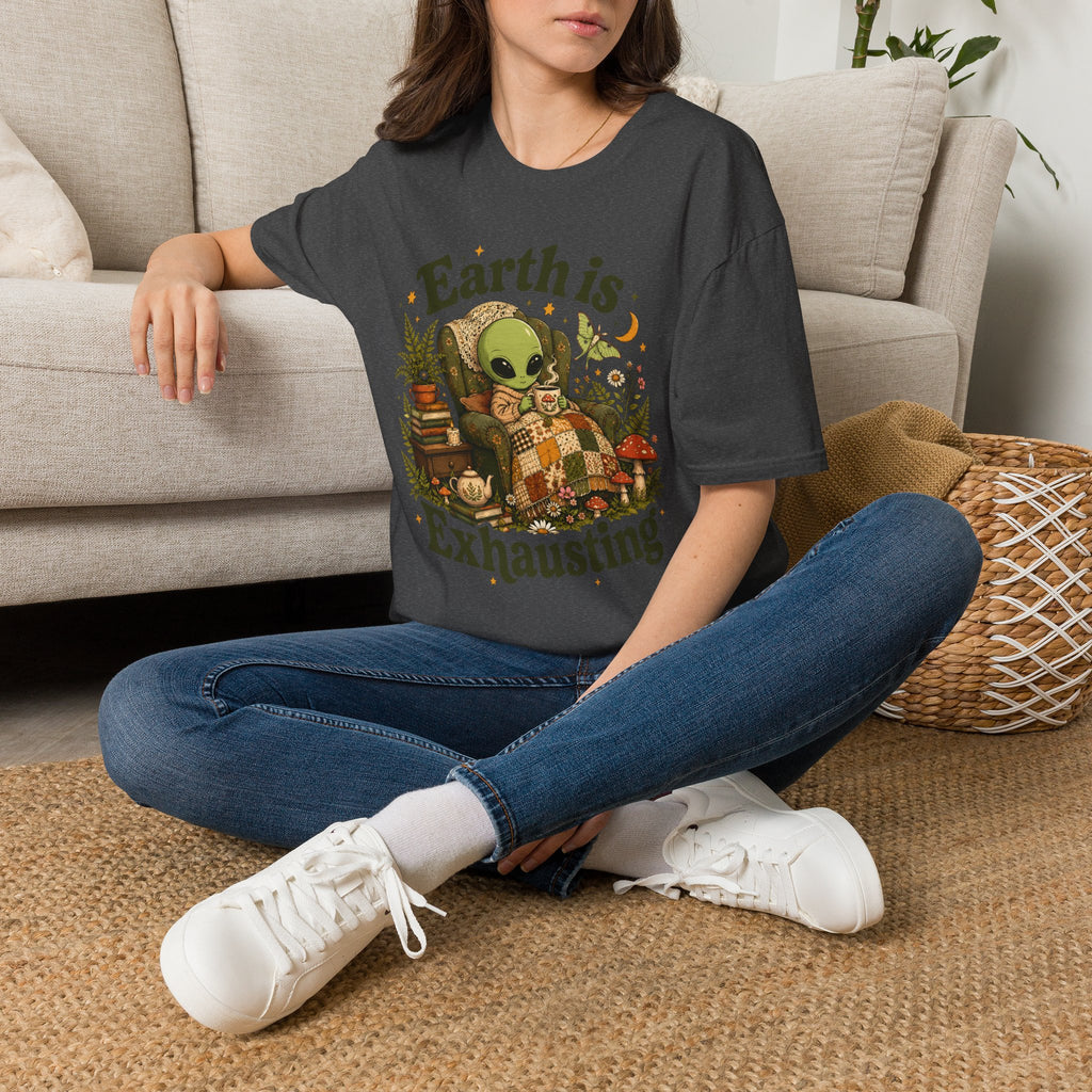 Earth Is Exhausting Alien T-Shirt — Cute Retro Cozy Space Graphic Tee