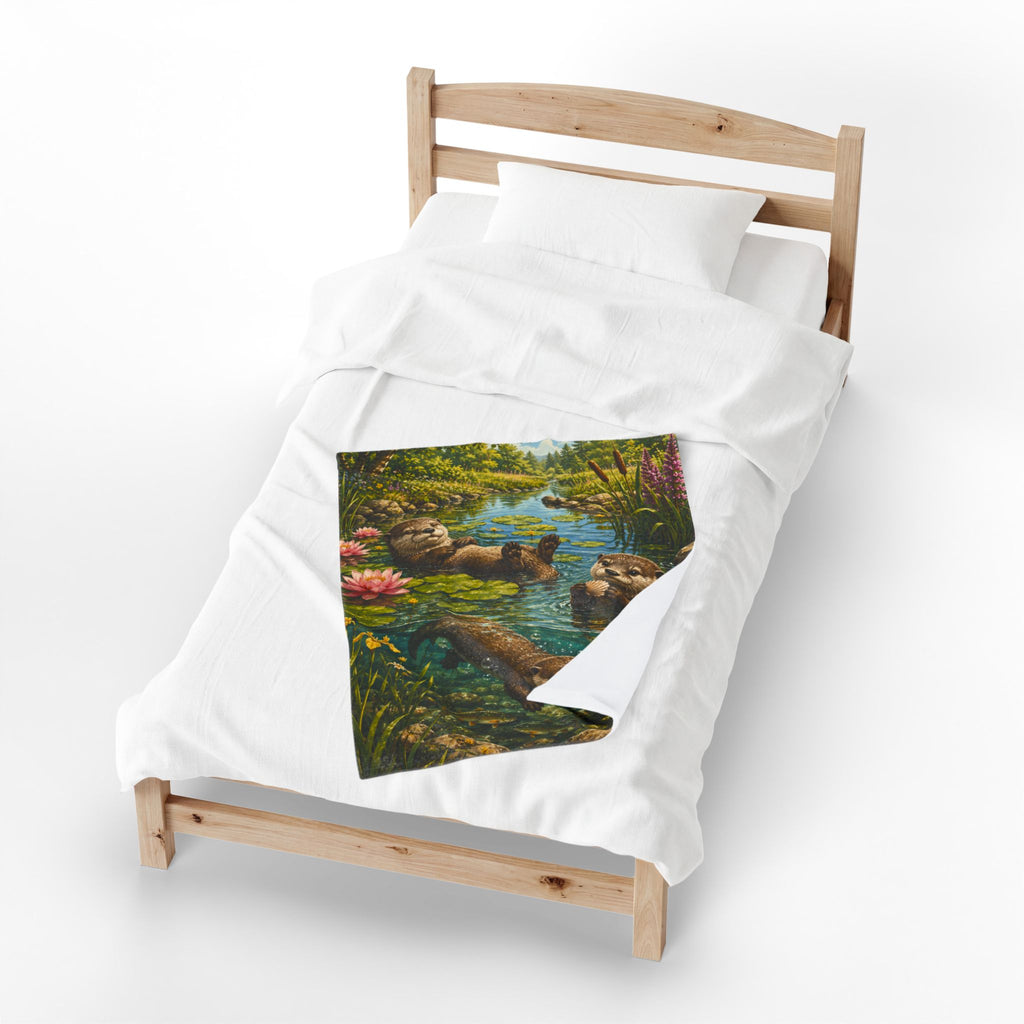 Otter Pond Velveteen Plush Blanket — Cozy Floral River Animal Throw