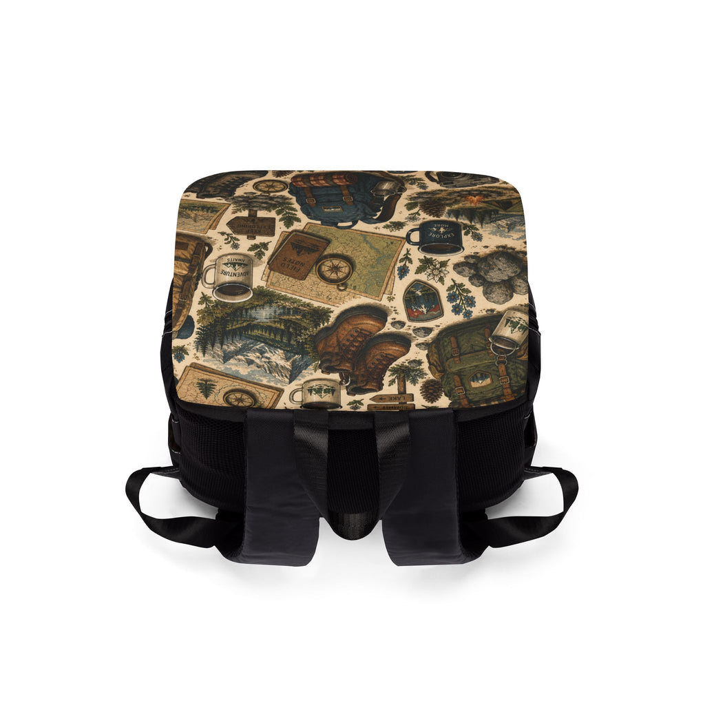 Vintage Camping Adventure Shoulder Backpack — Outdoor Travel Rucksack with Patchwork Gear Print