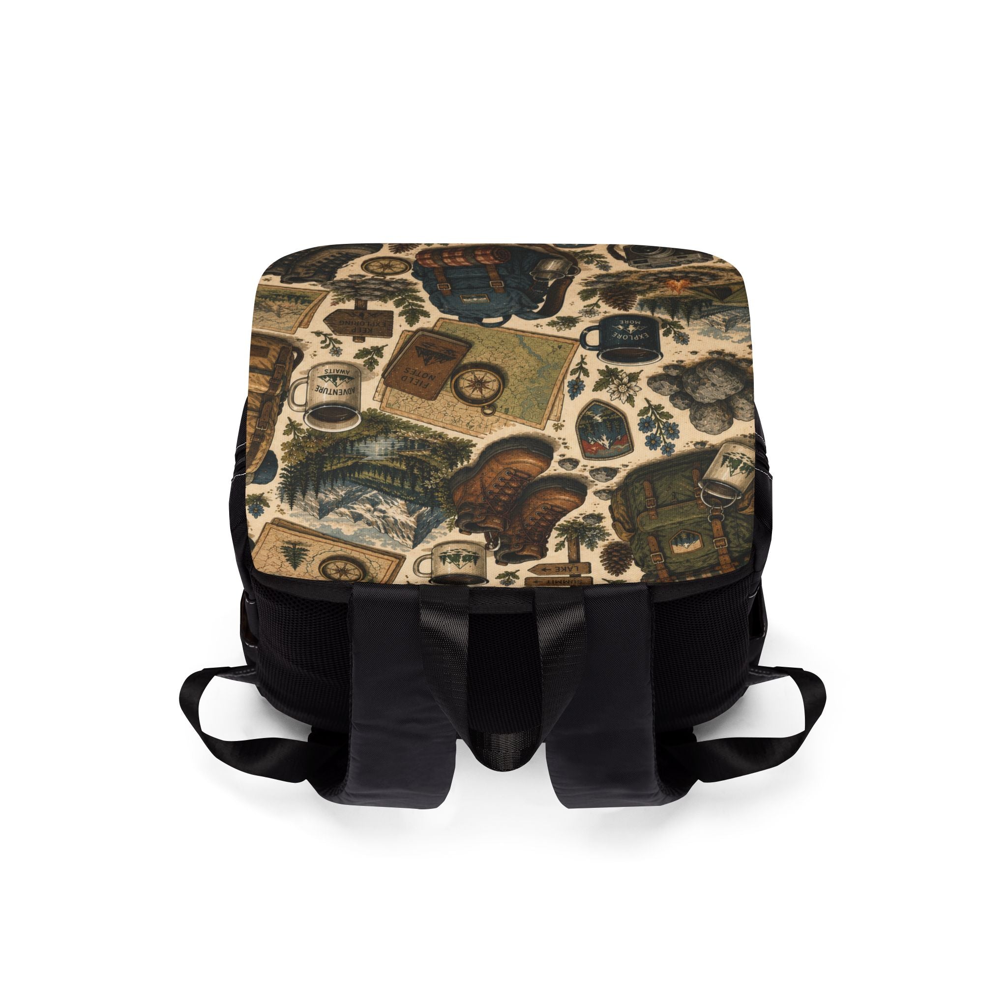 Vintage Camping Adventure Shoulder Backpack — Outdoor Travel Rucksack with Patchwork Gear Print