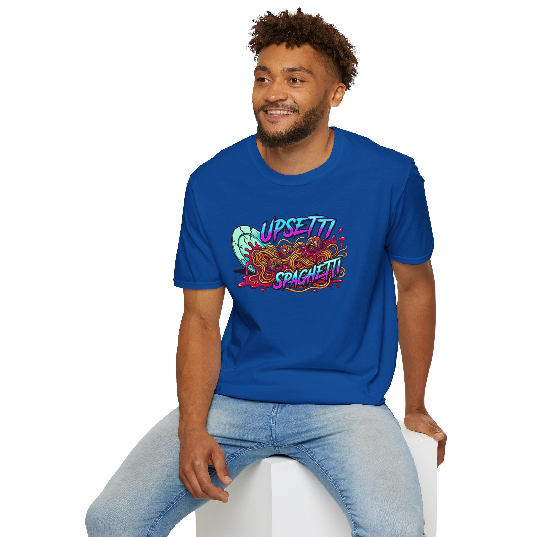 Upsetti Spaghetti T-Shirt — Funny Cartoon Spilled Pasta Graphic Tee