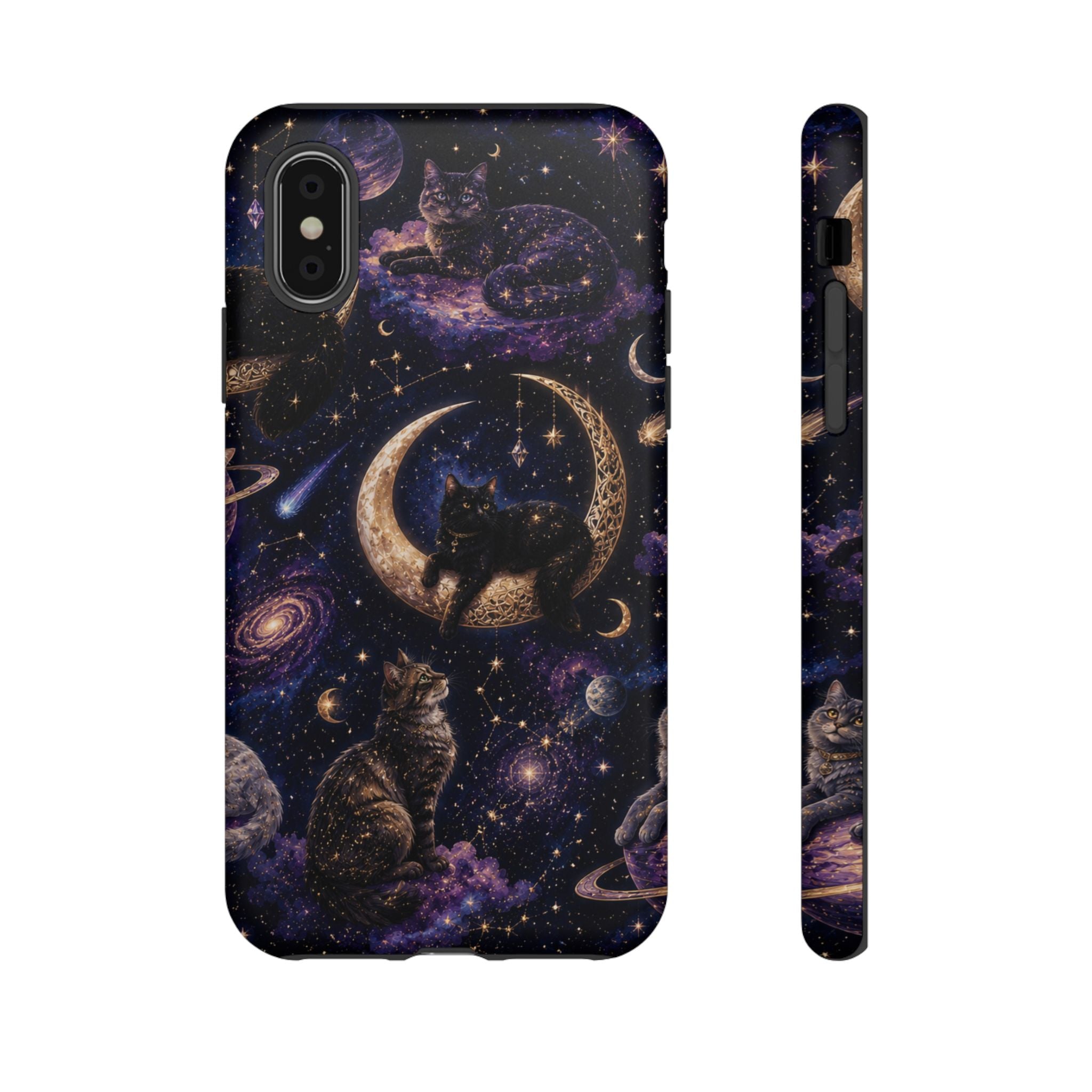 Galaxy Cats Tough Phone Case — Moon & Stars Space Kitty Protective Cover