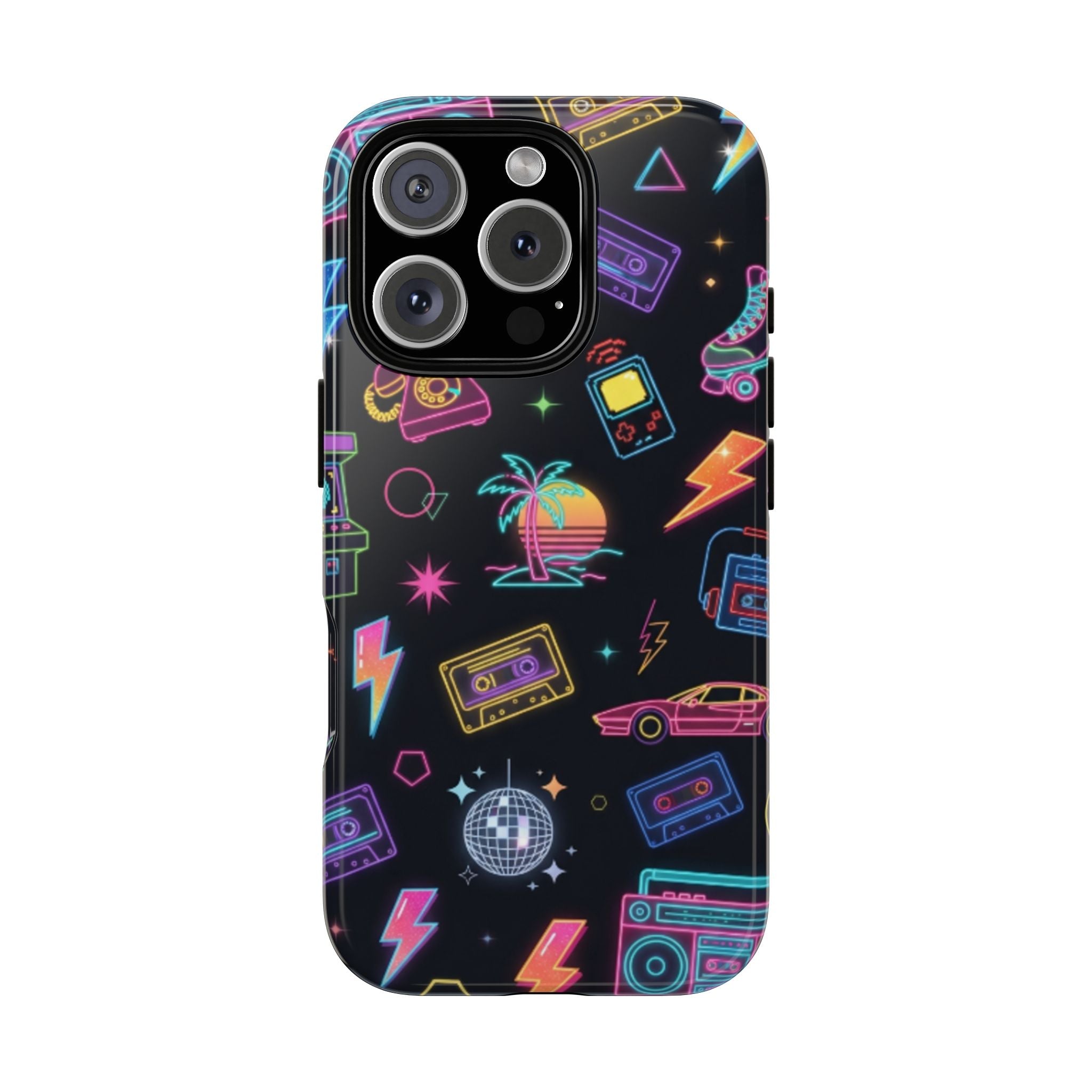 Retro Neon 80s Phone Case — Cassette, Roller Skate & Palm Tree Pattern