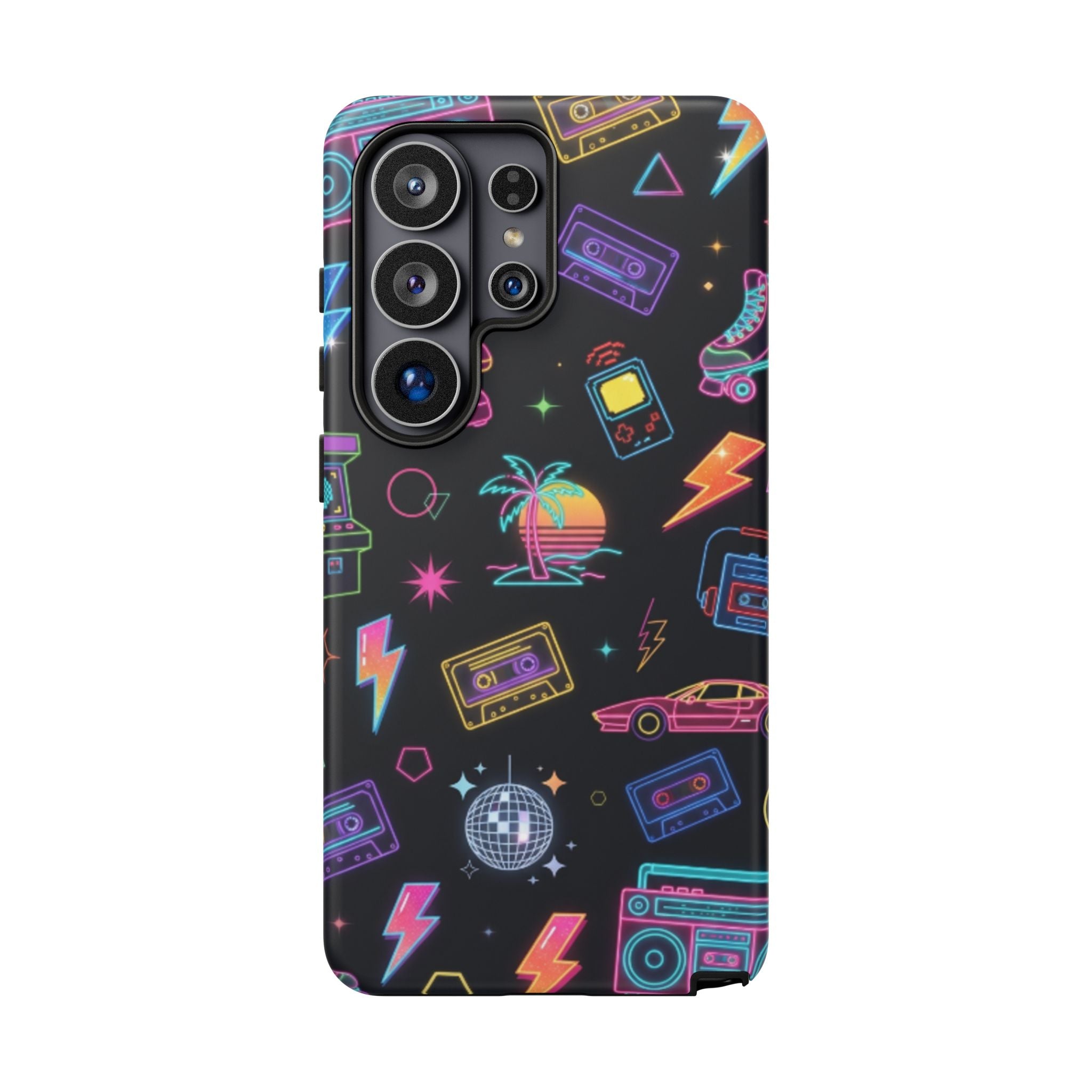 Retro Neon 80s Phone Case — Cassette, Roller Skate & Palm Tree Pattern