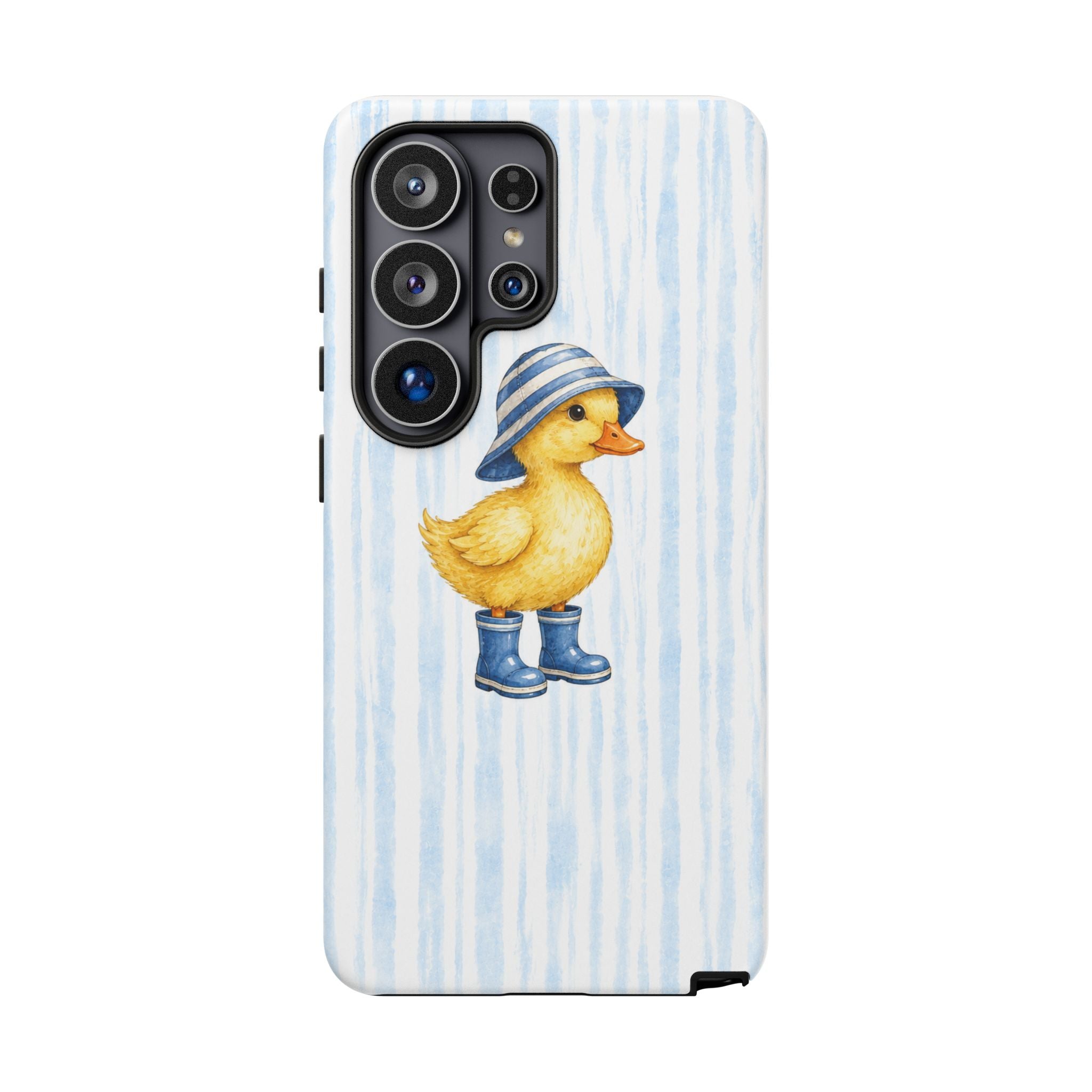 Cute Duckling Phone Case – Baby Blue Stripes with Duck in Hat & Boots