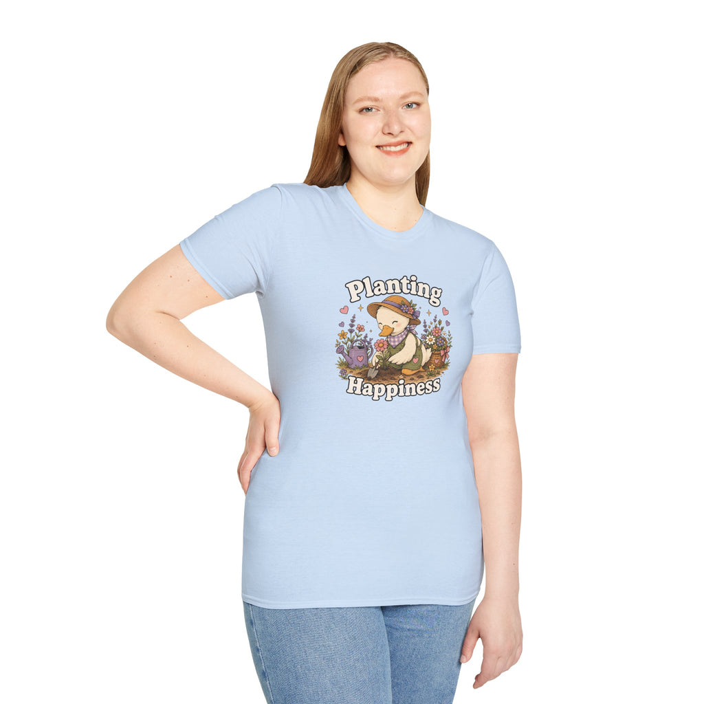 T-Shirt — "Planting Happiness" Cute Duck Gardening Graphic Tee