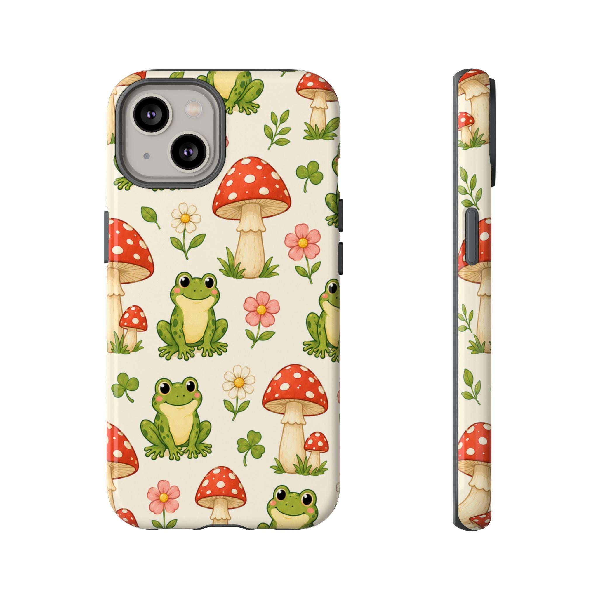 Kawaii Frog & Red Capped Mushroom Phone Case – Cute Nature Pattern Protective Cover