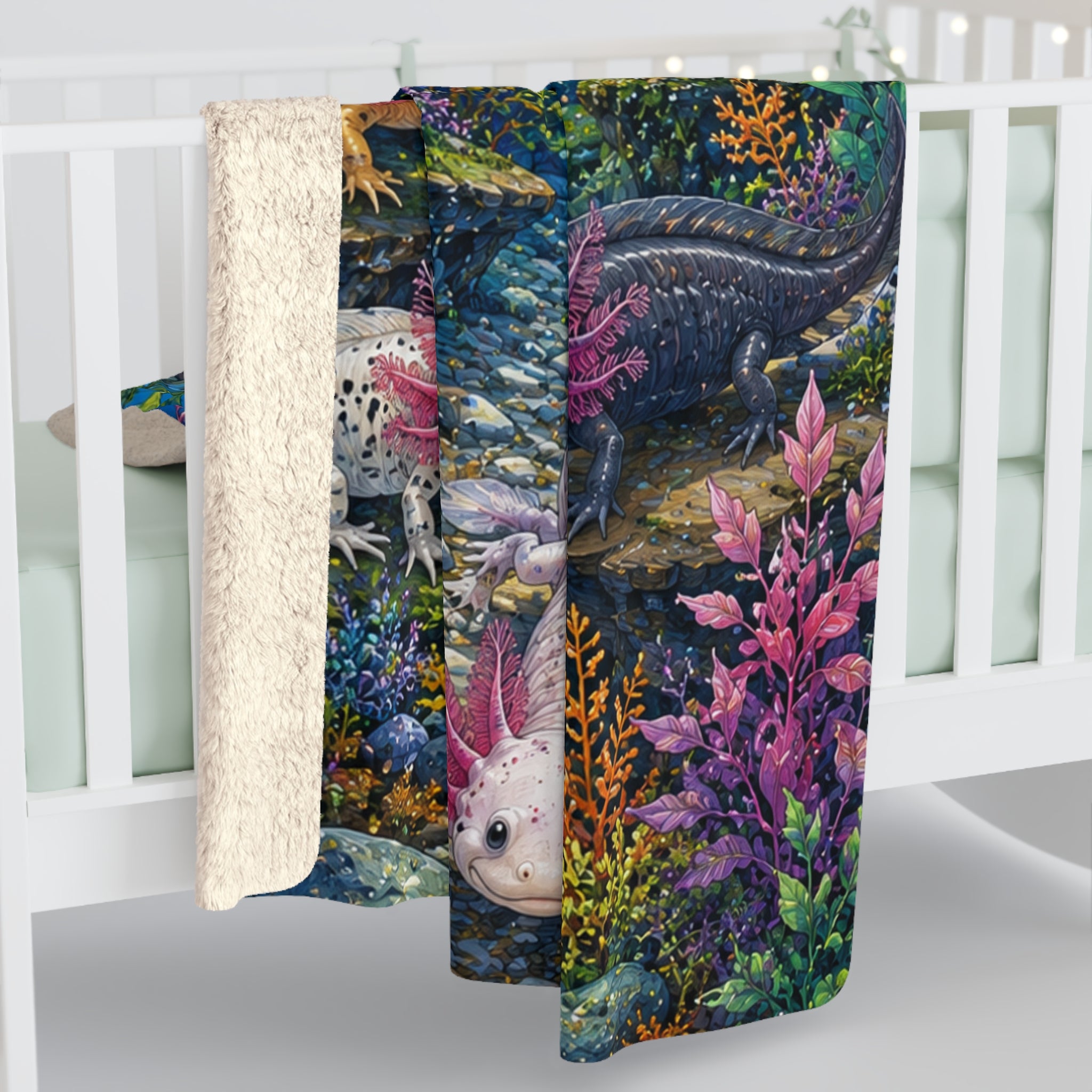 Axolotl Underwater Sherpa Blanket — Colorful Aquatic Creature Fleece Throw