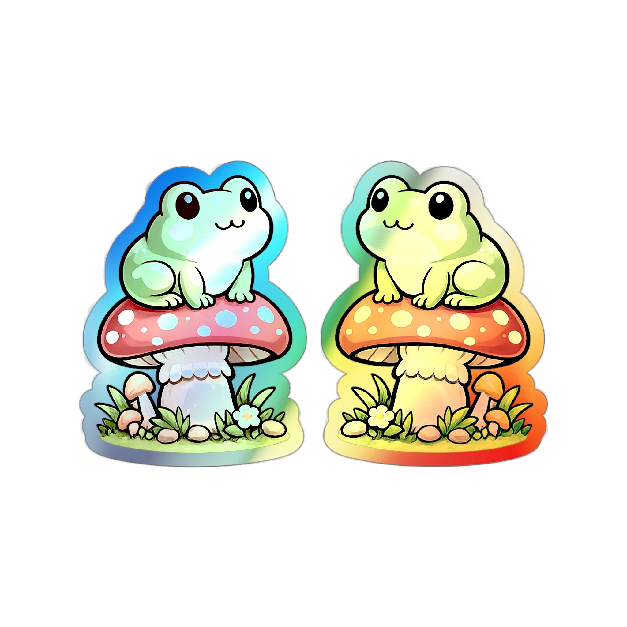 Holographic Frog on Mushroom Die-Cut Sticker — Cute Kawaii Vinyl Decal