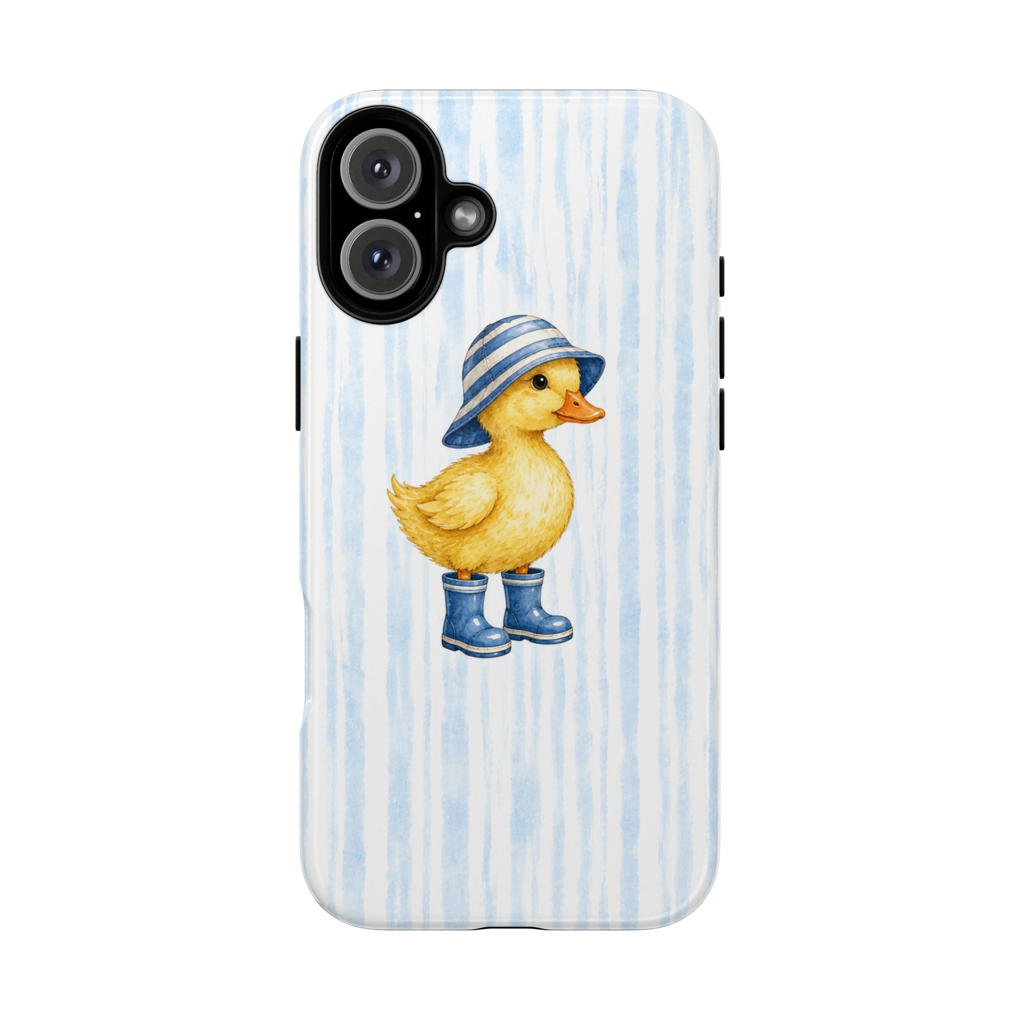 Cute Duckling Phone Case – Baby Blue Stripes with Duck in Hat & Boots