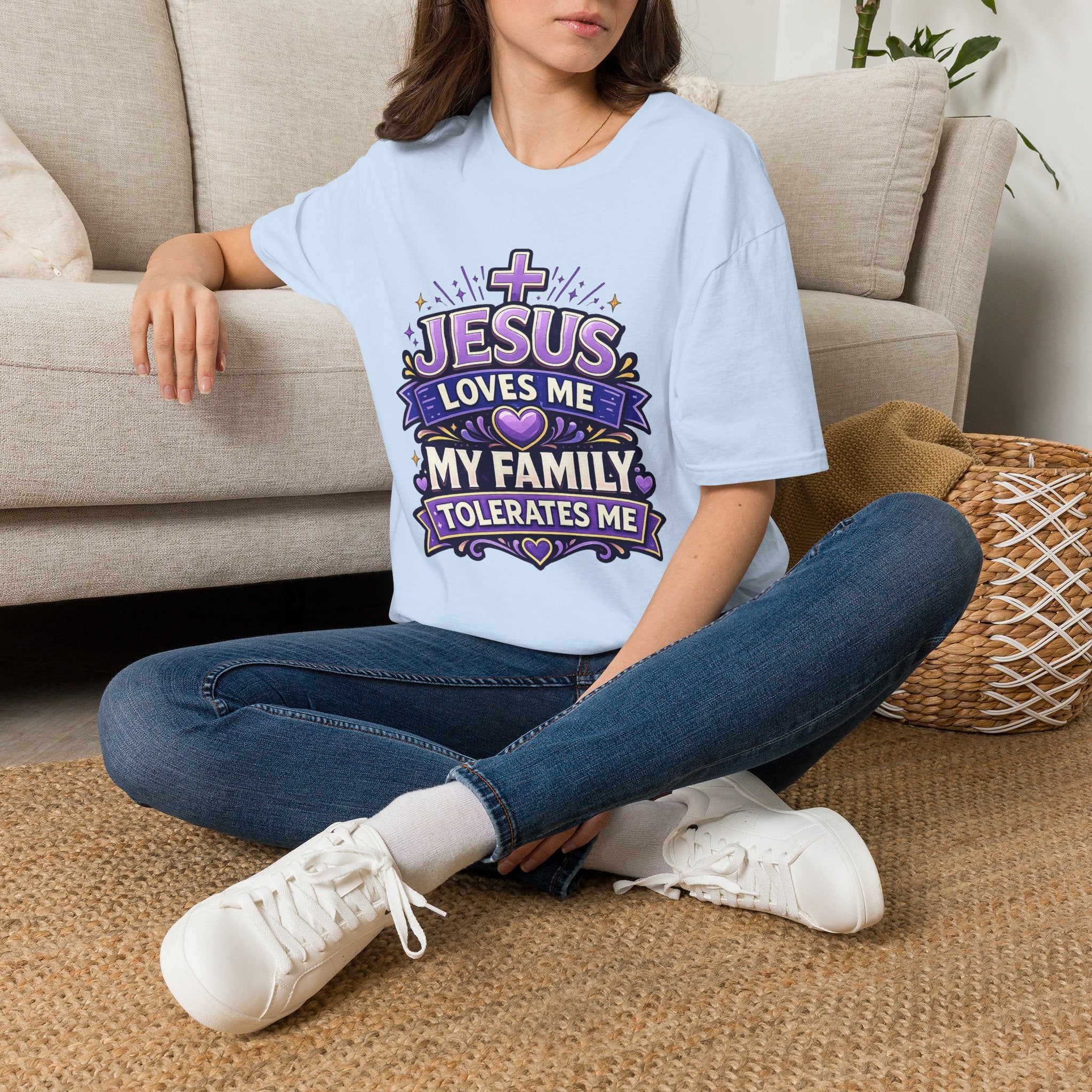 Christian T-Shirt — "Jesus Loves Me, My Family Tolerates Me" Graphic Tee